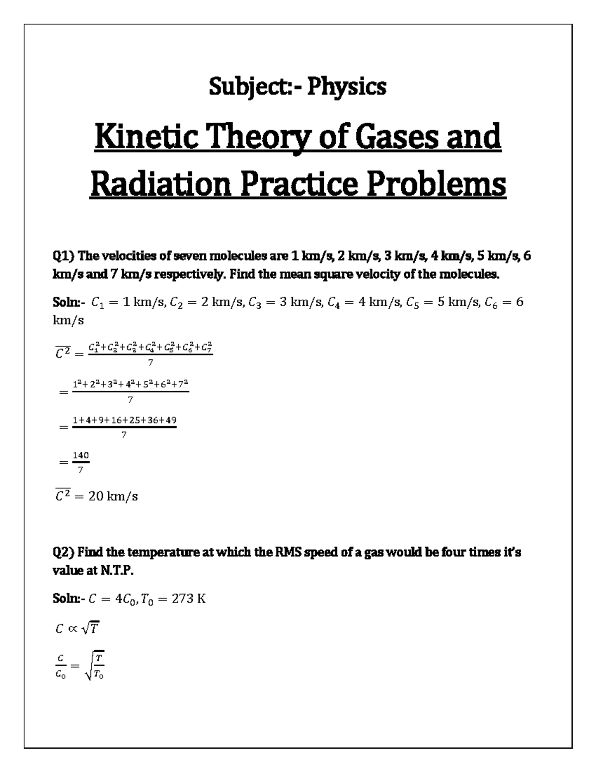 Theory of Gases and Radiation Practice Problems Subject