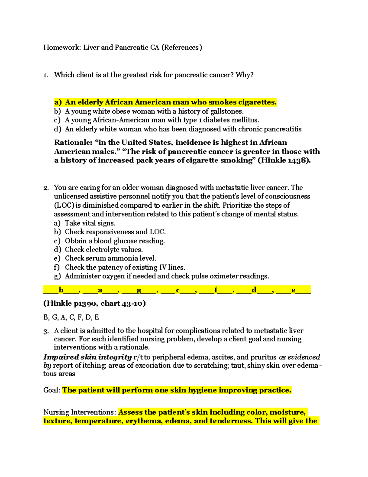 NUR 402 liver and pancreatic CA homework - Homework: Liver and ...