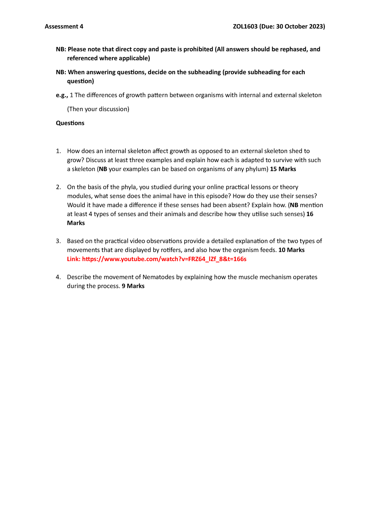 Assessment 4- ZOL1603 - Questions And Answers Relating To Modules ...