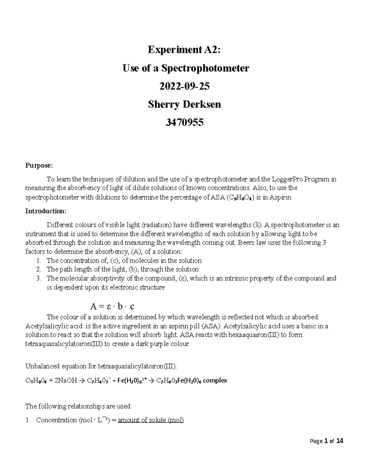 spectrophotometer experiment lab report