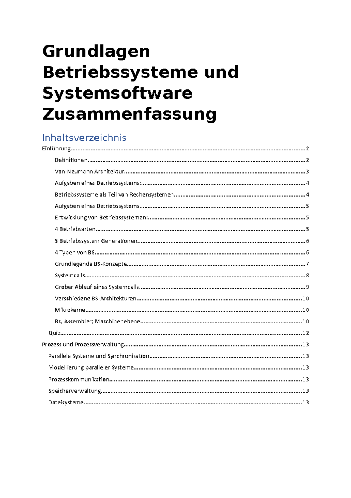 Grundlagen Betriebssysteme Und Systemsoftware Zusammenfassung ...