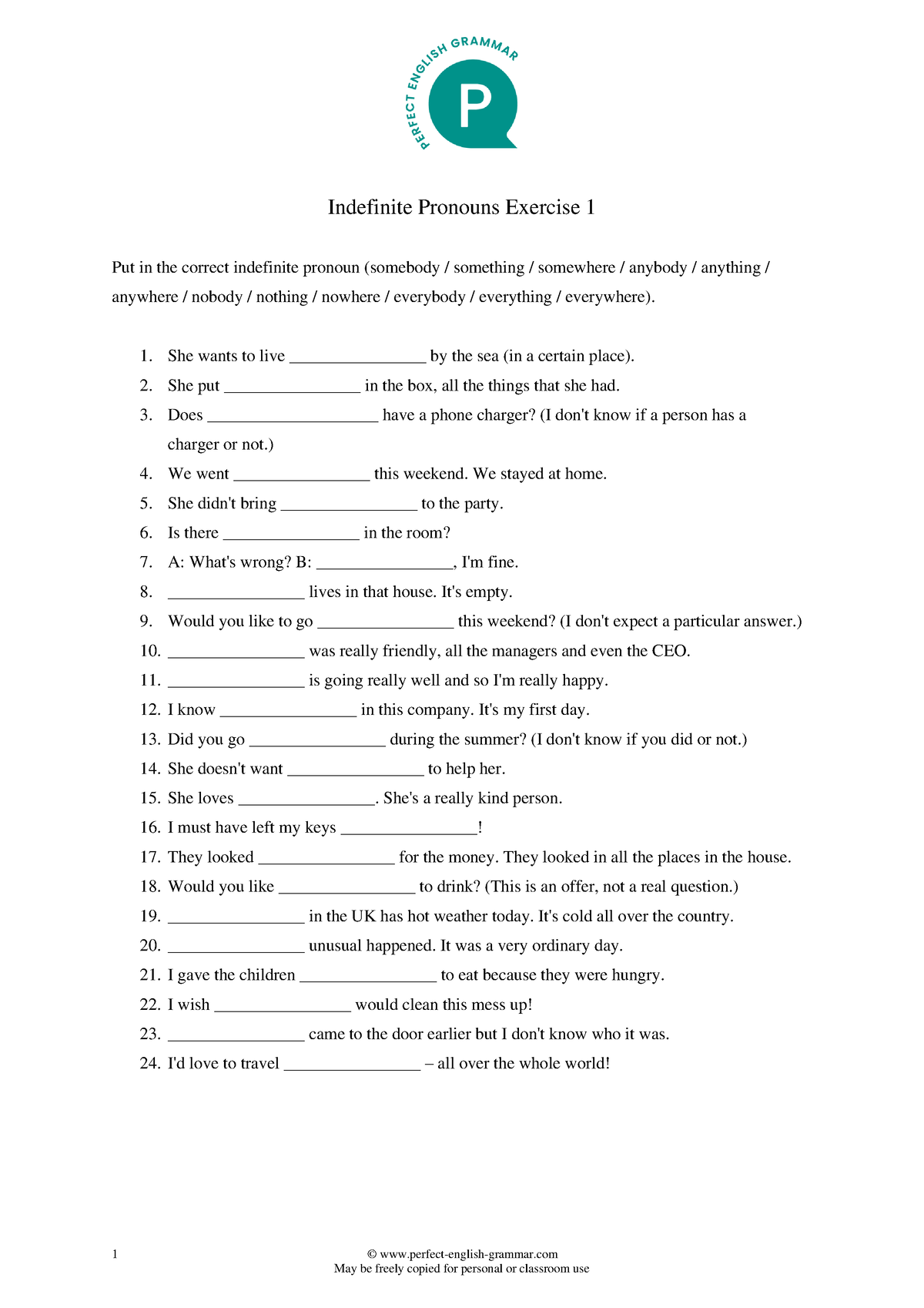 Indefinite Pronouns Exercise 1 - 1 May Be Freely Copied For Personal Or ...