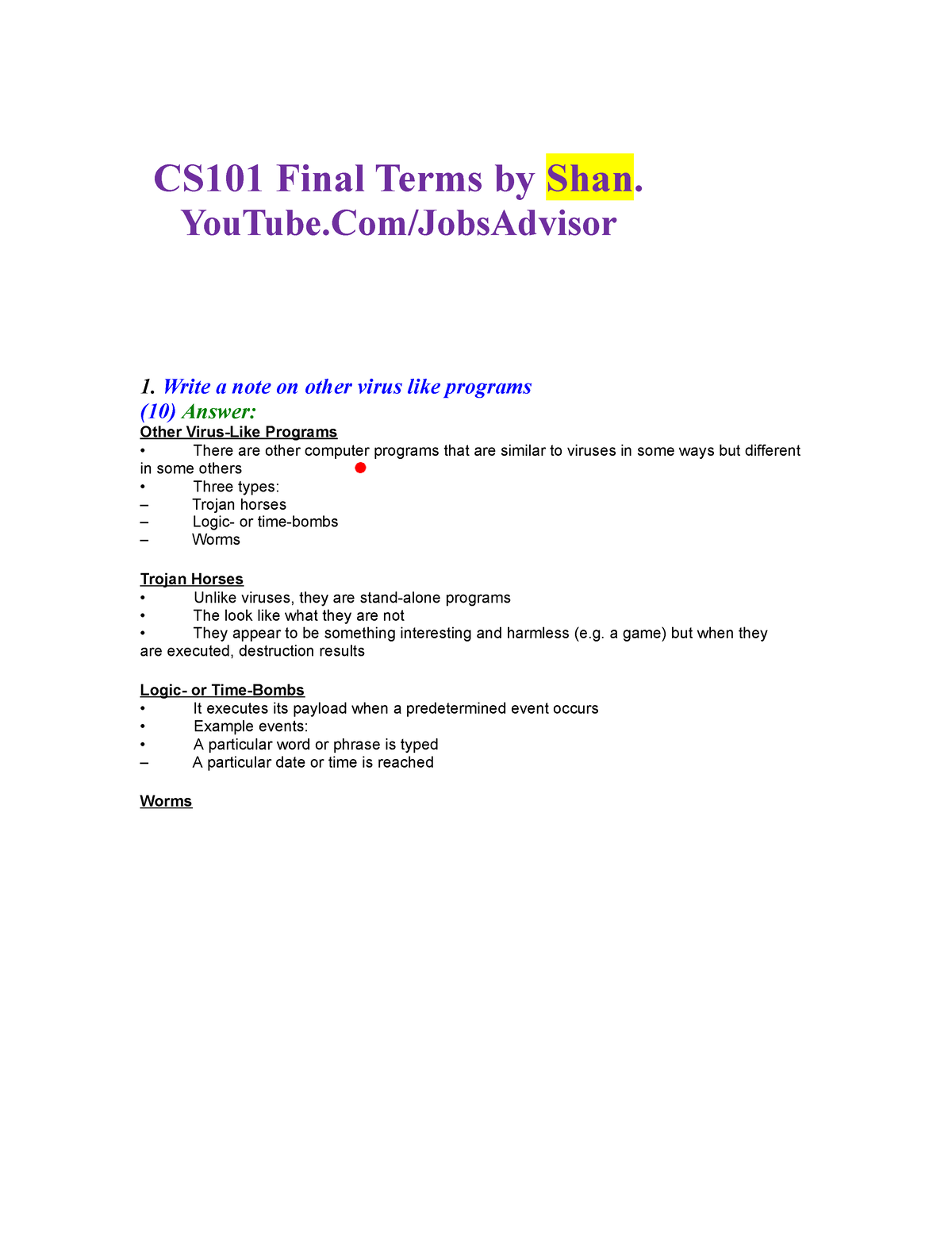 CS101 Short AND LONG Questions Solved - CS101 Final Terms By Shan ...