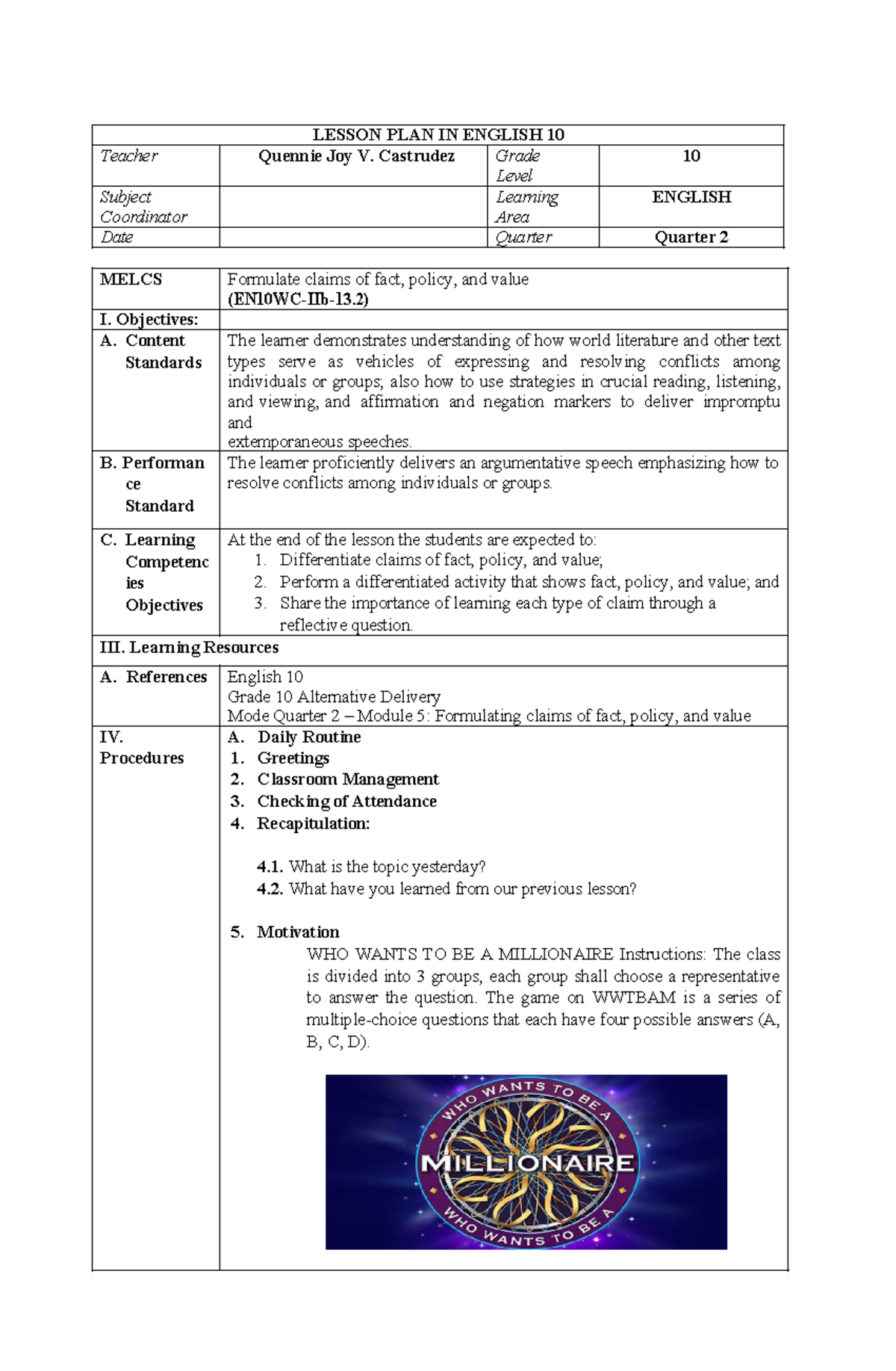 STI Demolovato - lesson plan - LESSON PLAN IN ENGLISH 10 Teacher ...