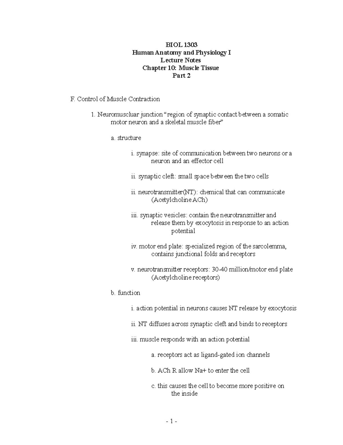Chapter 10 (part 2) - Lecture notes 11 - BIOL 1303 Human Anatomy and ...
