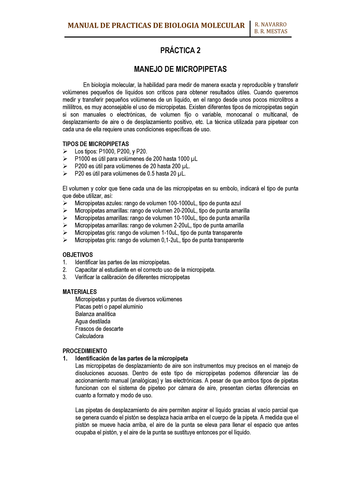 Práctica 2 - Practica - B. R. MESTAS PRÁCTICA 2 MANEJO DE MICROPIPETAS ...