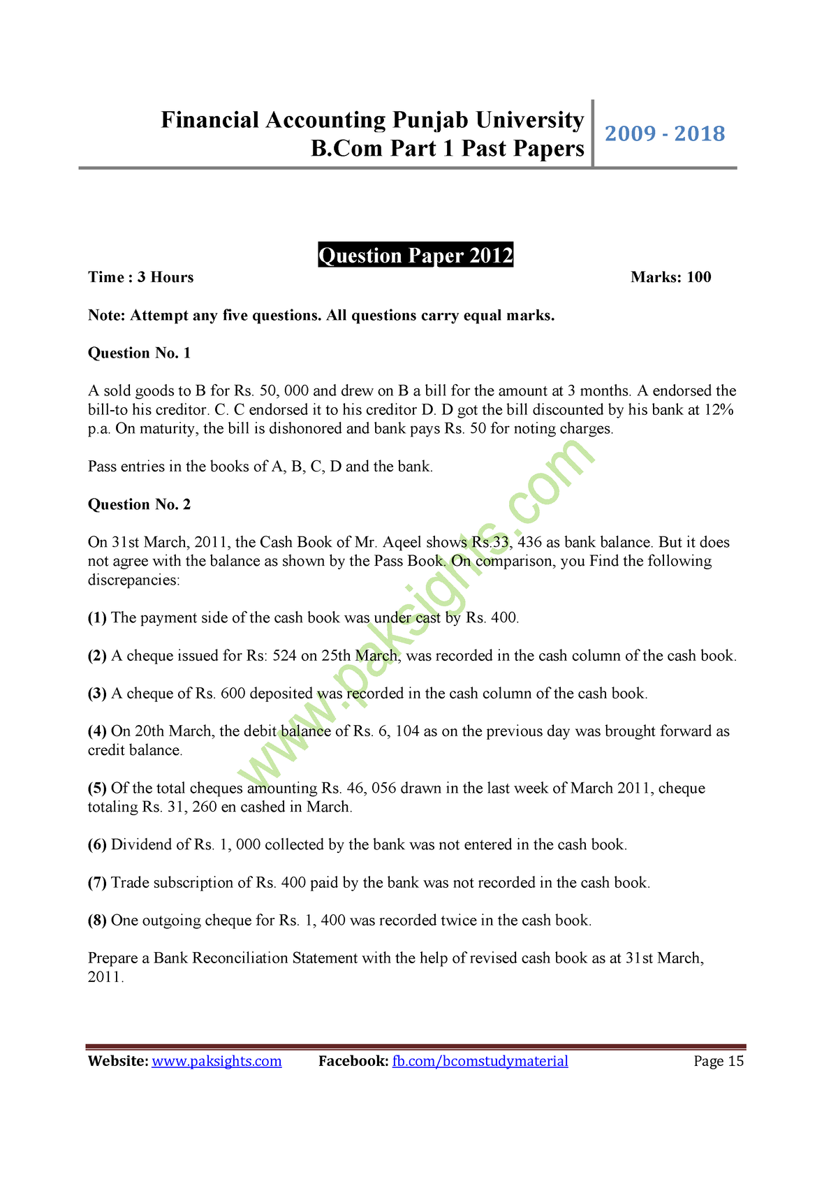 Financial Accounting Punjab University B - B Part 1 Past Papers 2009 ...