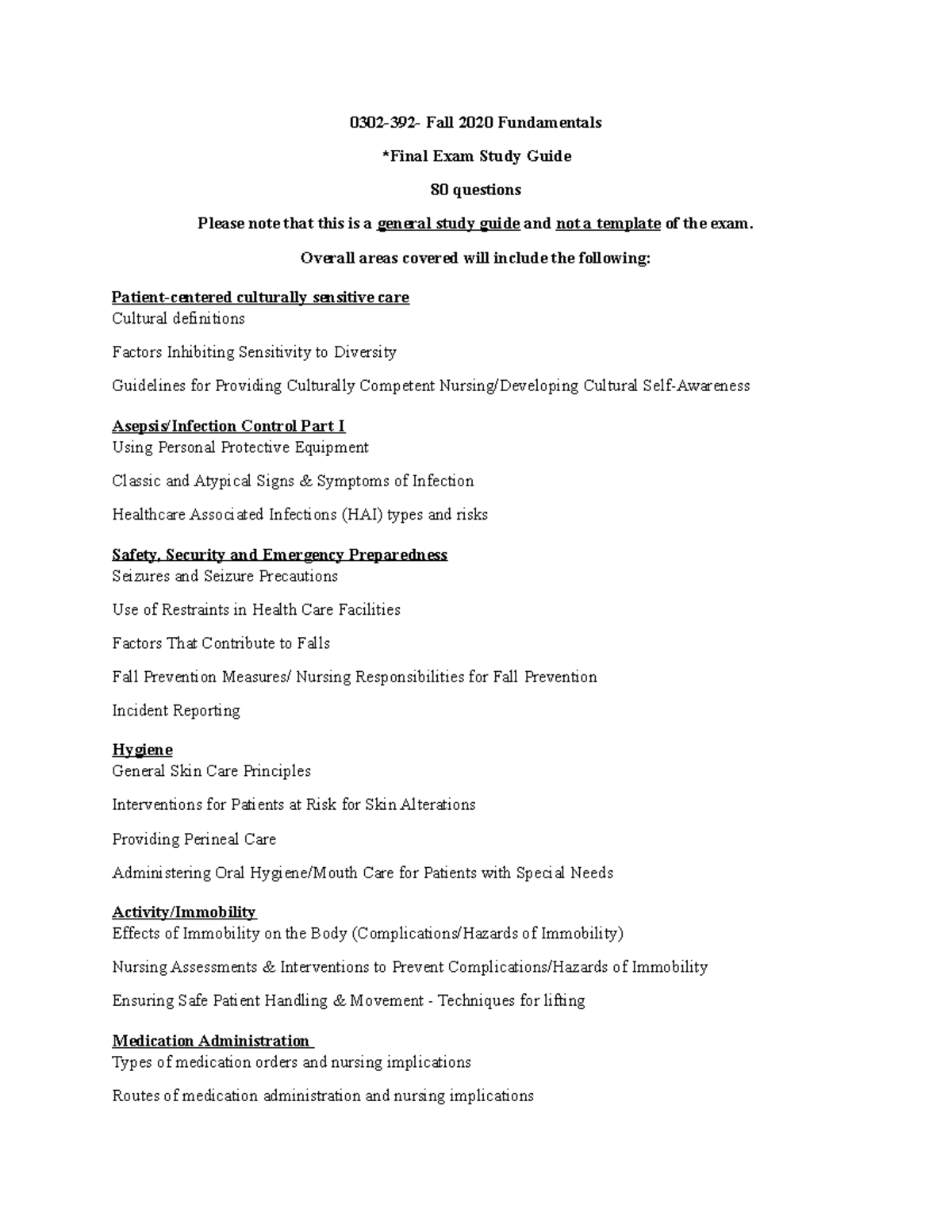 Fundamentals Final Study Guide Fall 2020 - 0302-392- Fall 2020 ...