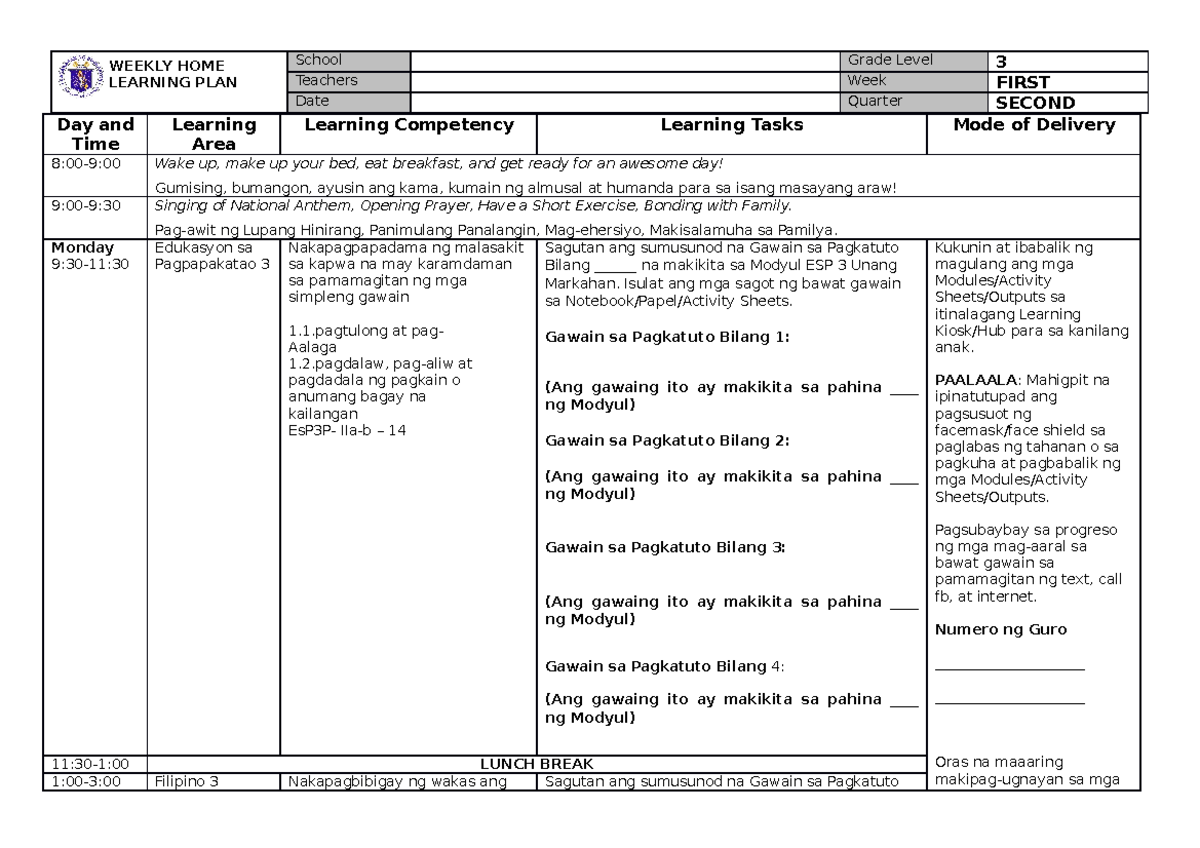 Grade 3 WHLP Q2 Week 1 - Weekly Home Learning plan Quarter 2 week 1 ...