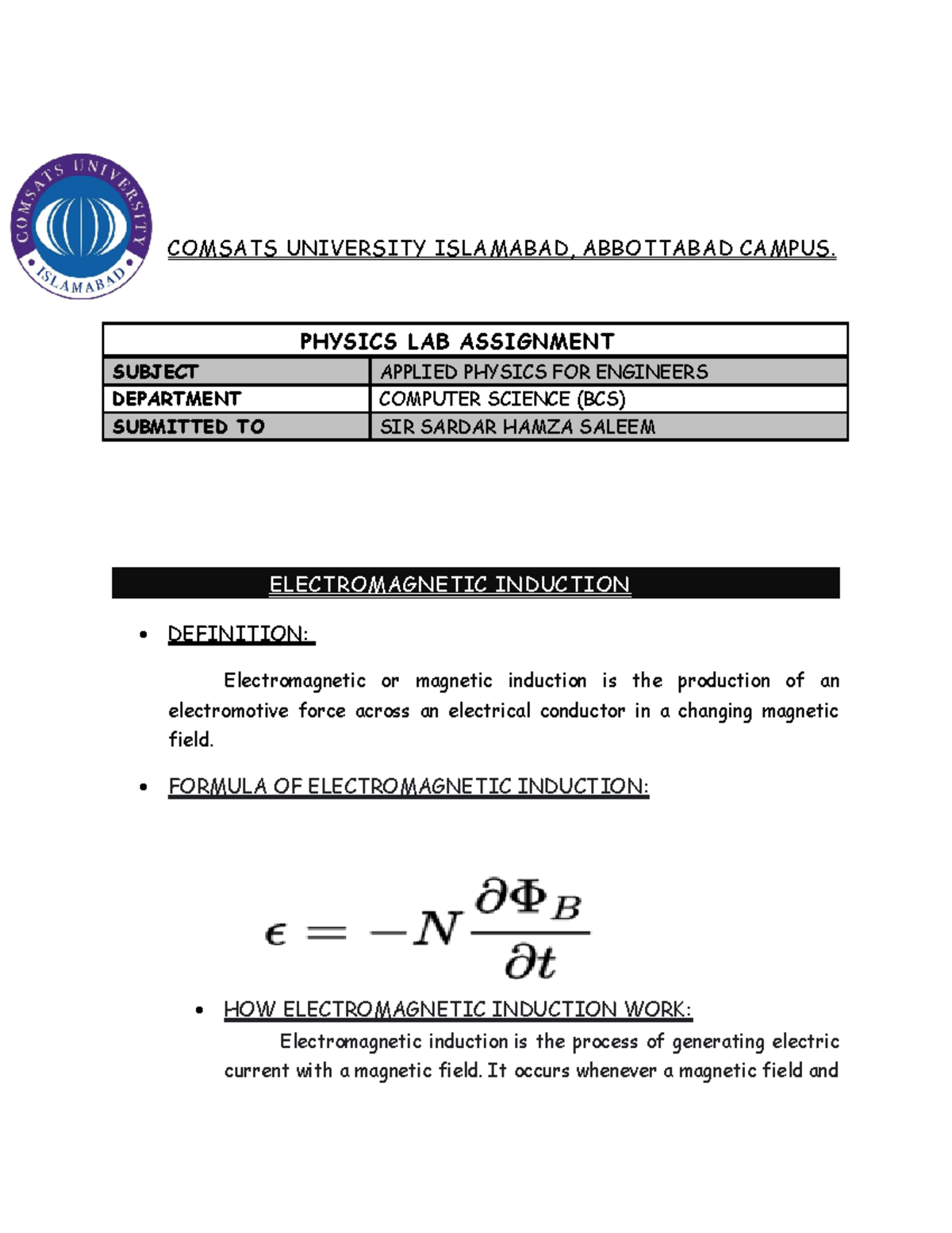 Phy-01[ELECTROMAGNETIC INDUCTION] Lab Report For Physics - COMSATS ...