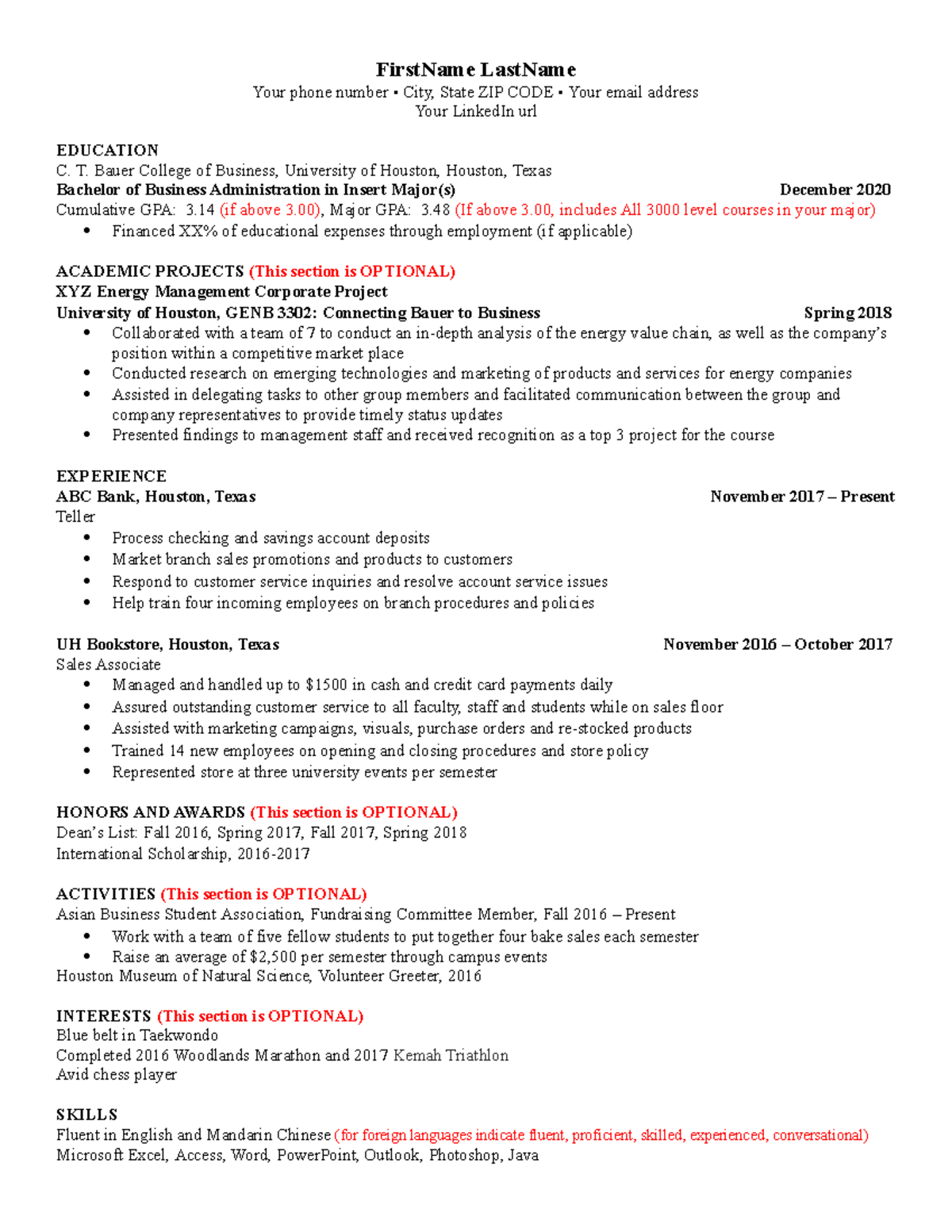 Connecting Bauer to Business Undergraduate Resume 2019 (Example ...