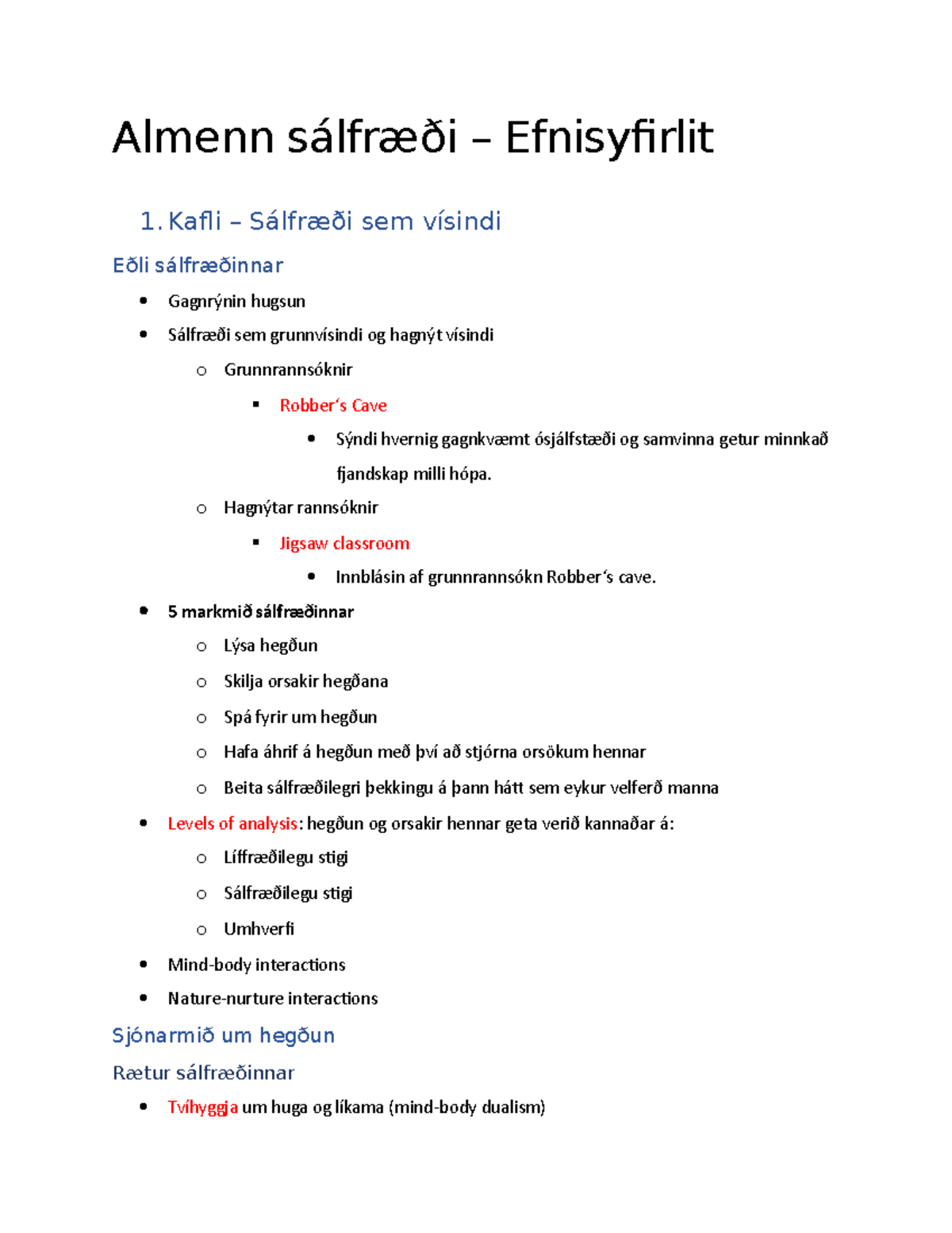 Almenn sálfræði copy - Glósur - Almenn sálfræði – Efnisyfirlit 1. Kafli ...