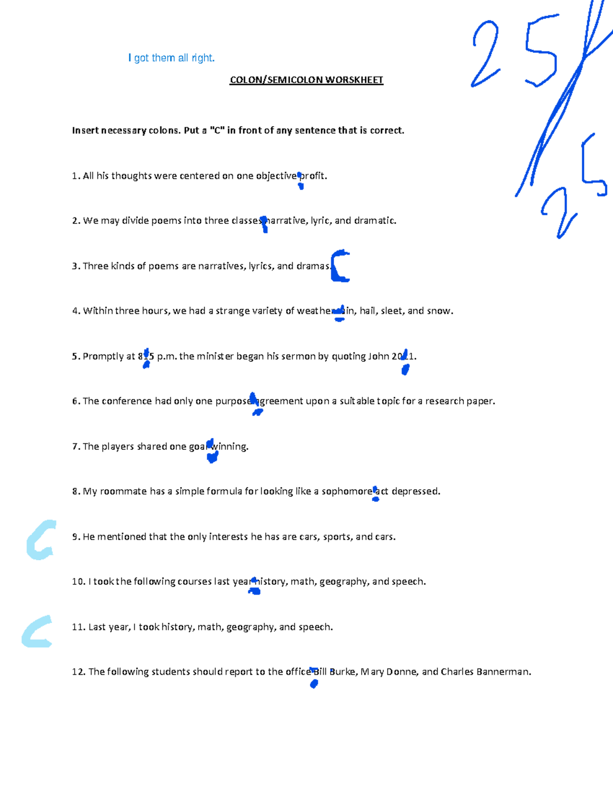 Colon+Practice - Class Assignment - COLON/SEMICOLON WORSKHEET Insert ...