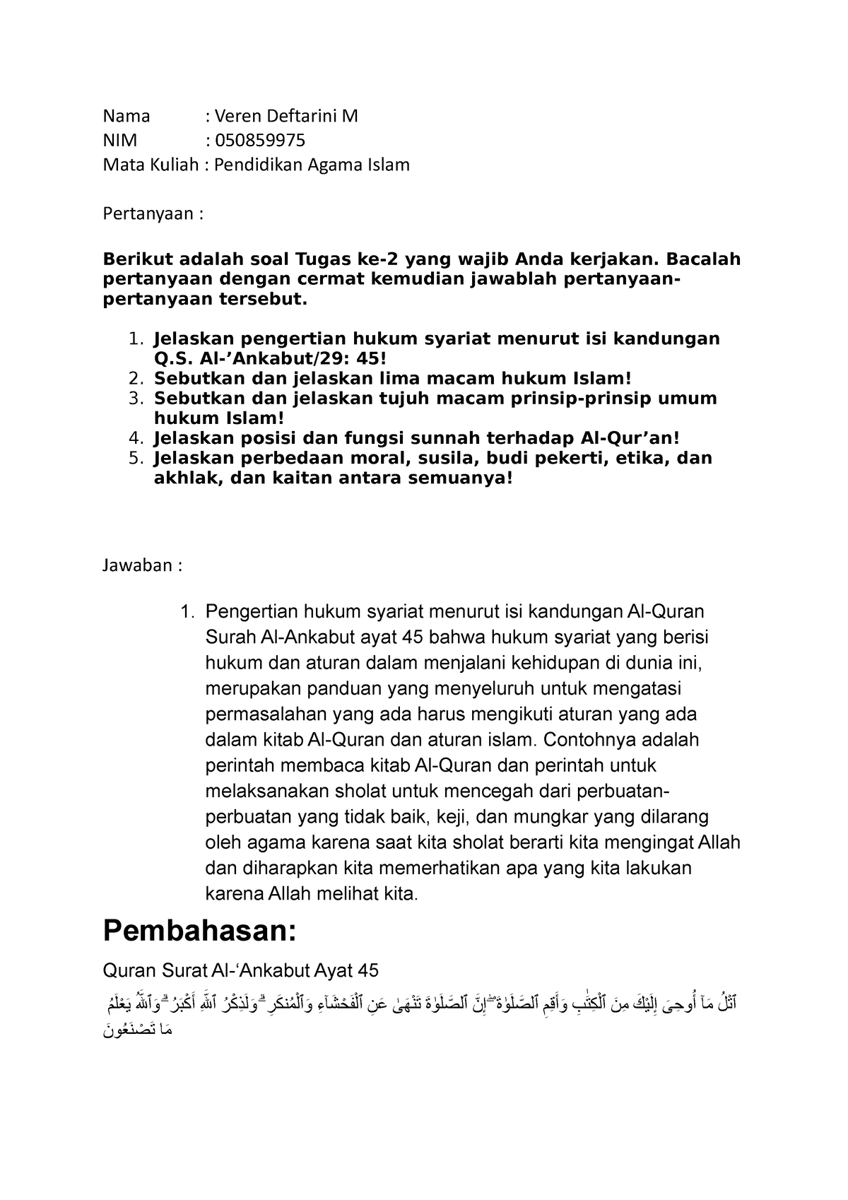 Tugas 2 Pendidikan Agama Islam - Nama : Veren Deftarini M NIM ...