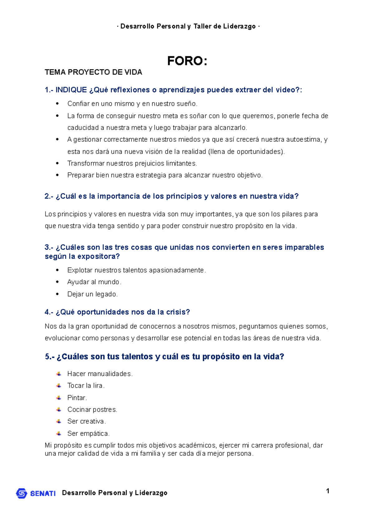 Foro temático-Desarrollo Personal y Taller de Liderazgo - · Desarrollo ...