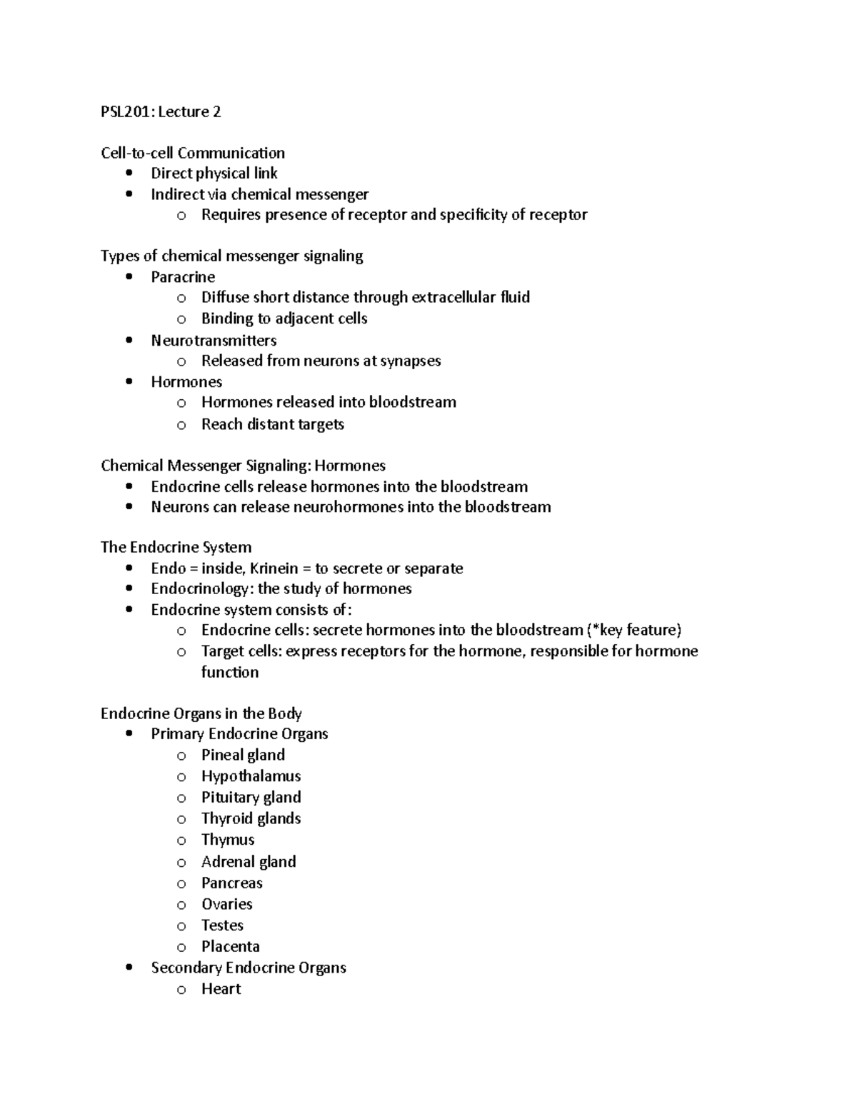PSL201 Lecture 2 - notes - PSL201: Lecture 2 Cell-to-cell Communication ...