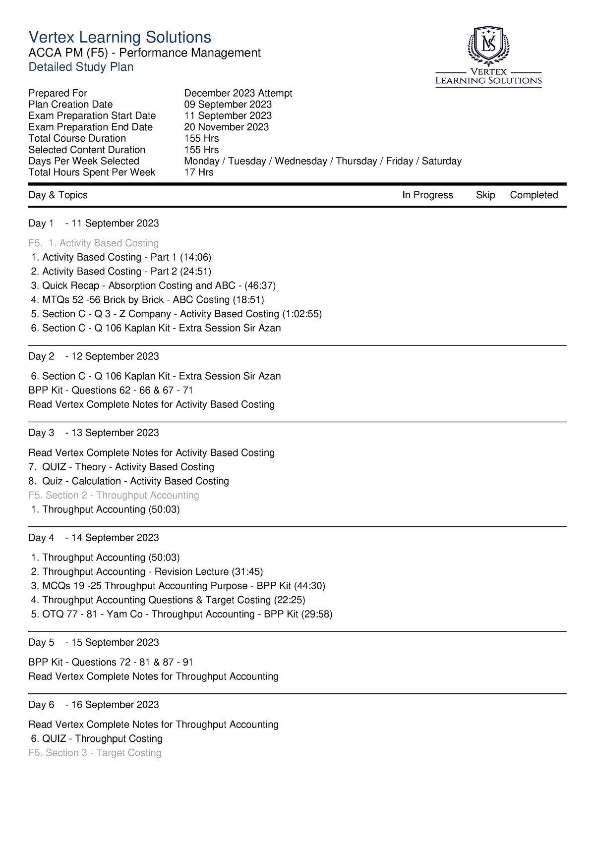 Standard Study Planfor December 2023attempt - Vertex Learning Solutions ...