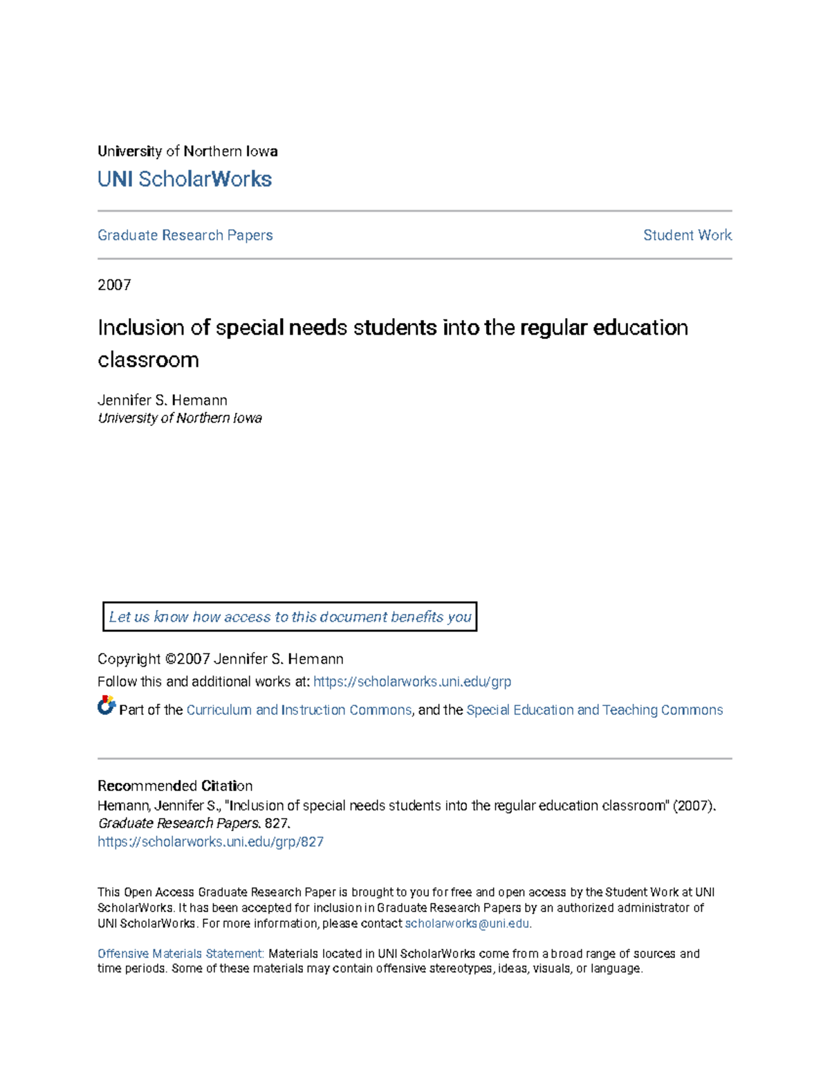 Inclusion of special needs students into the regular education cl ...