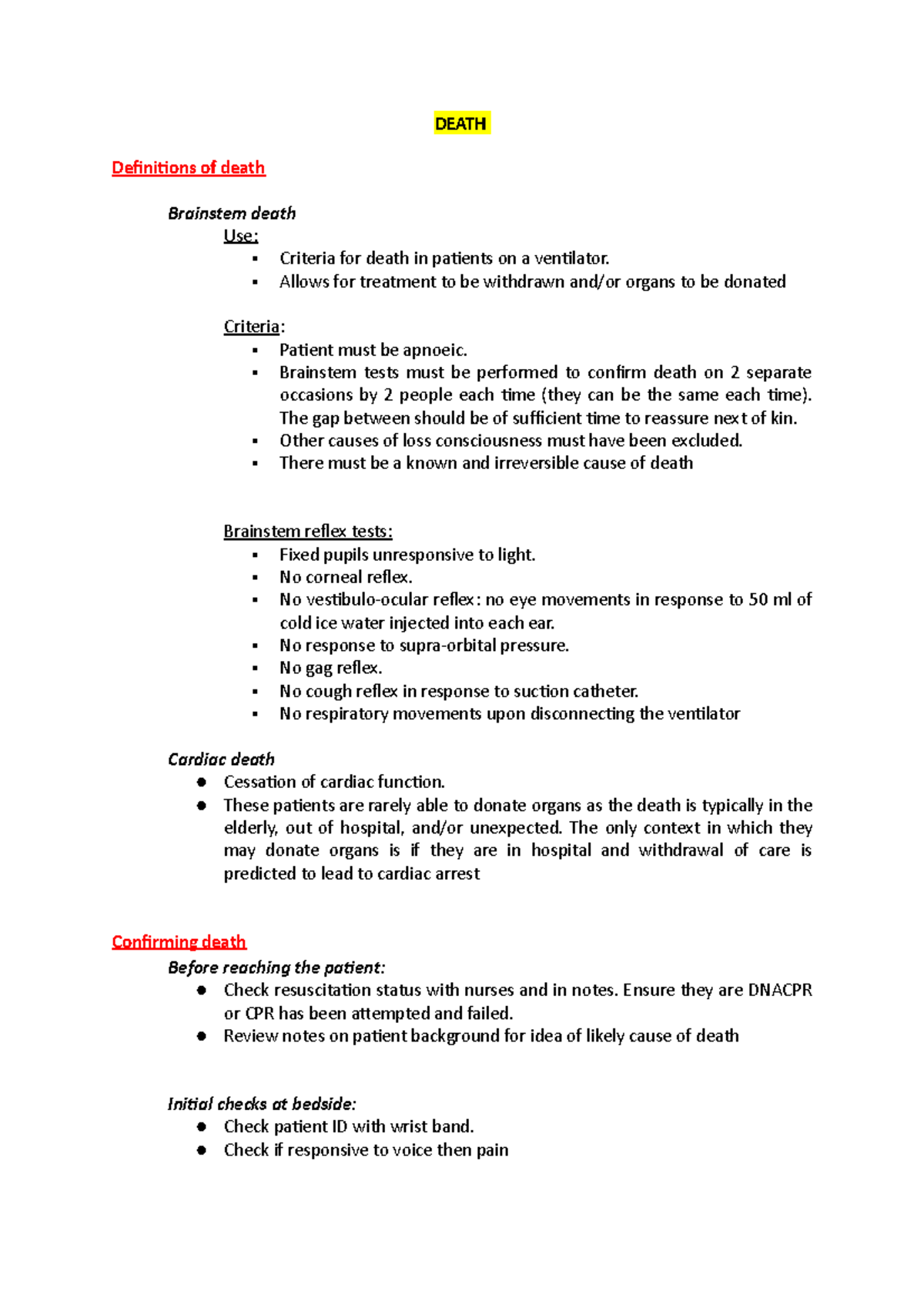 Death - Lecture notes 2 - DEATH Definitions of death Brainstem death ...