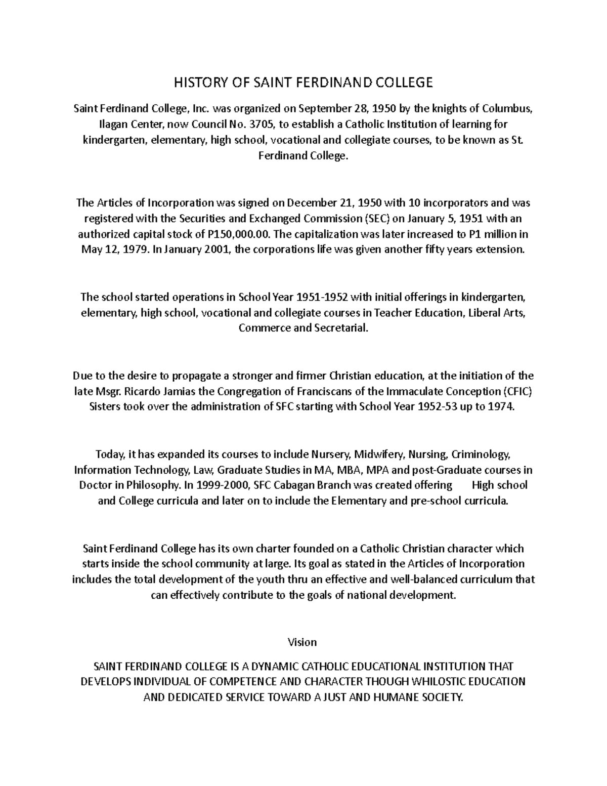 Saint Ferdinand History HISTORY OF SAINT FERDINAND COLLEGE Saint