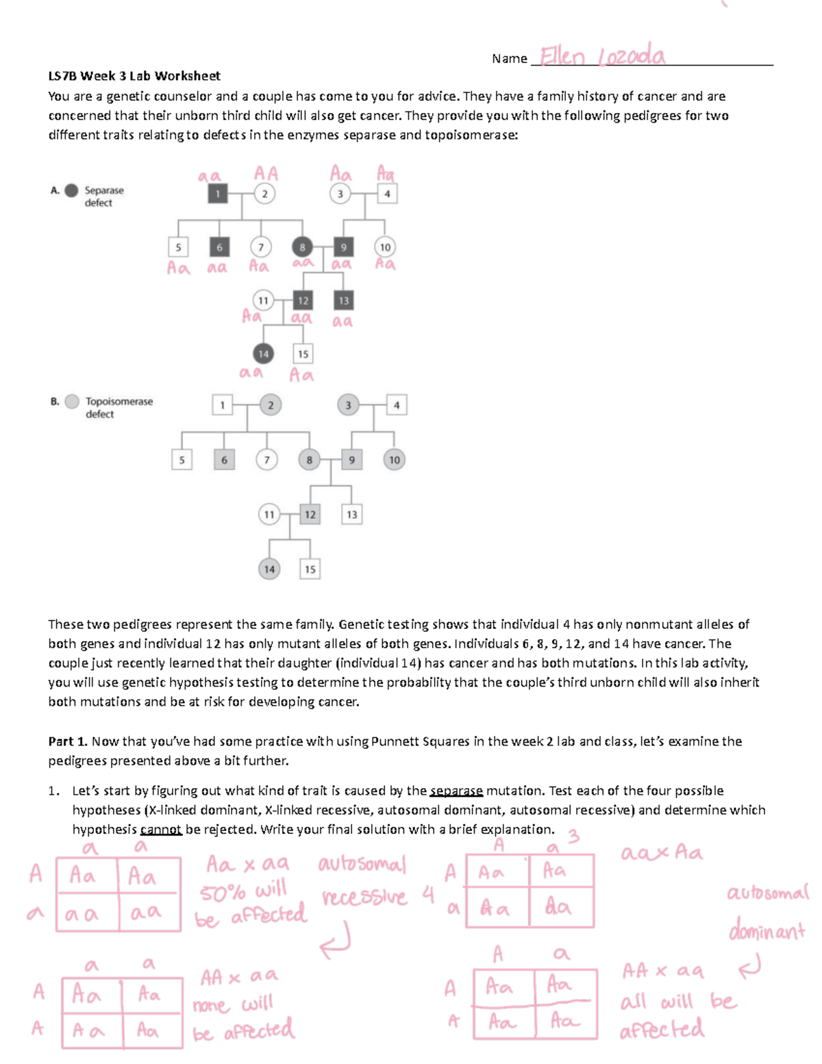 LS7B Week 3 Pedigrees Recombination Lab Worksheet Alt-1 - Name