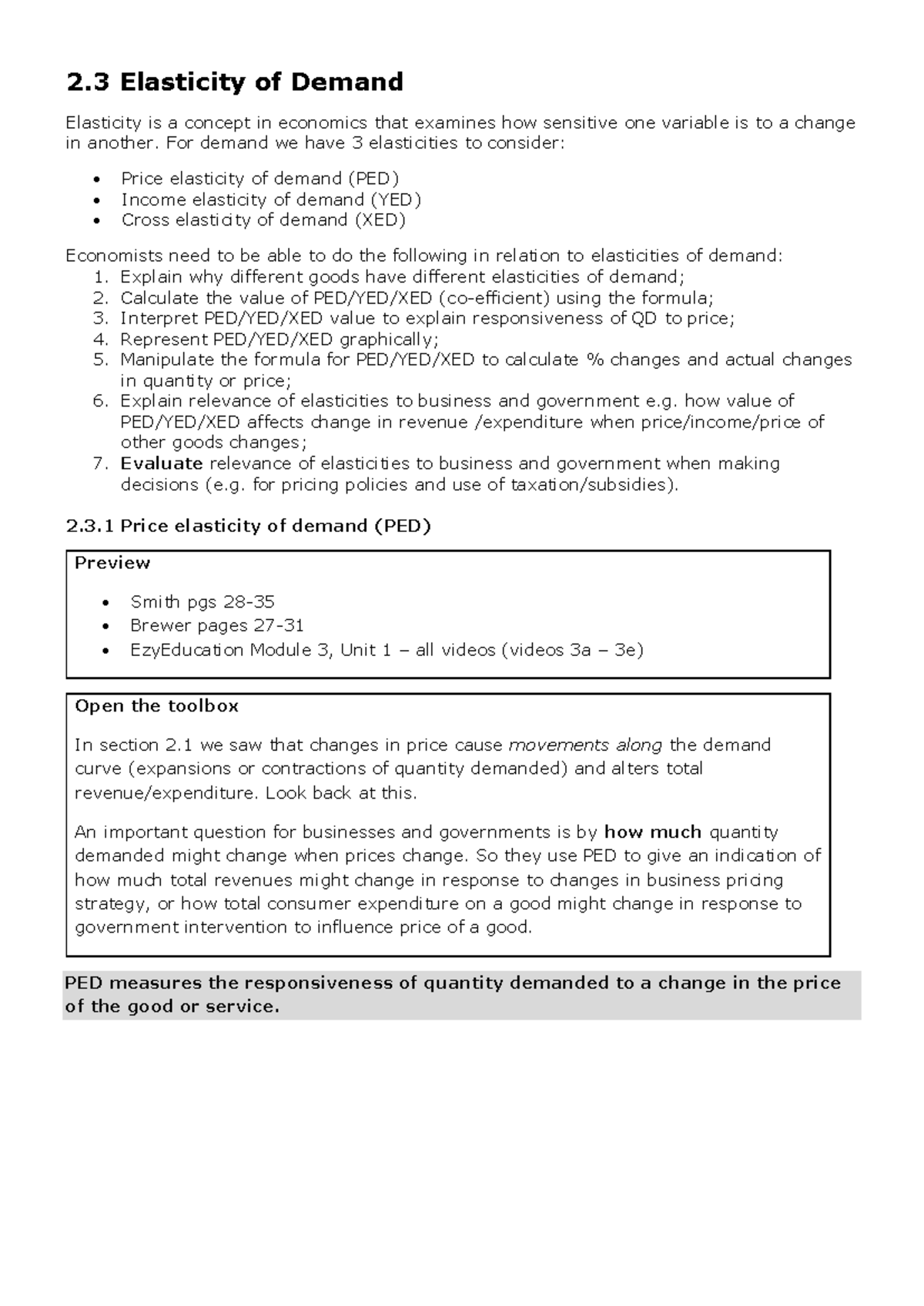 Section ped yed xed - XED PED YED - 2 Elasticity of Demand Elasticity ...