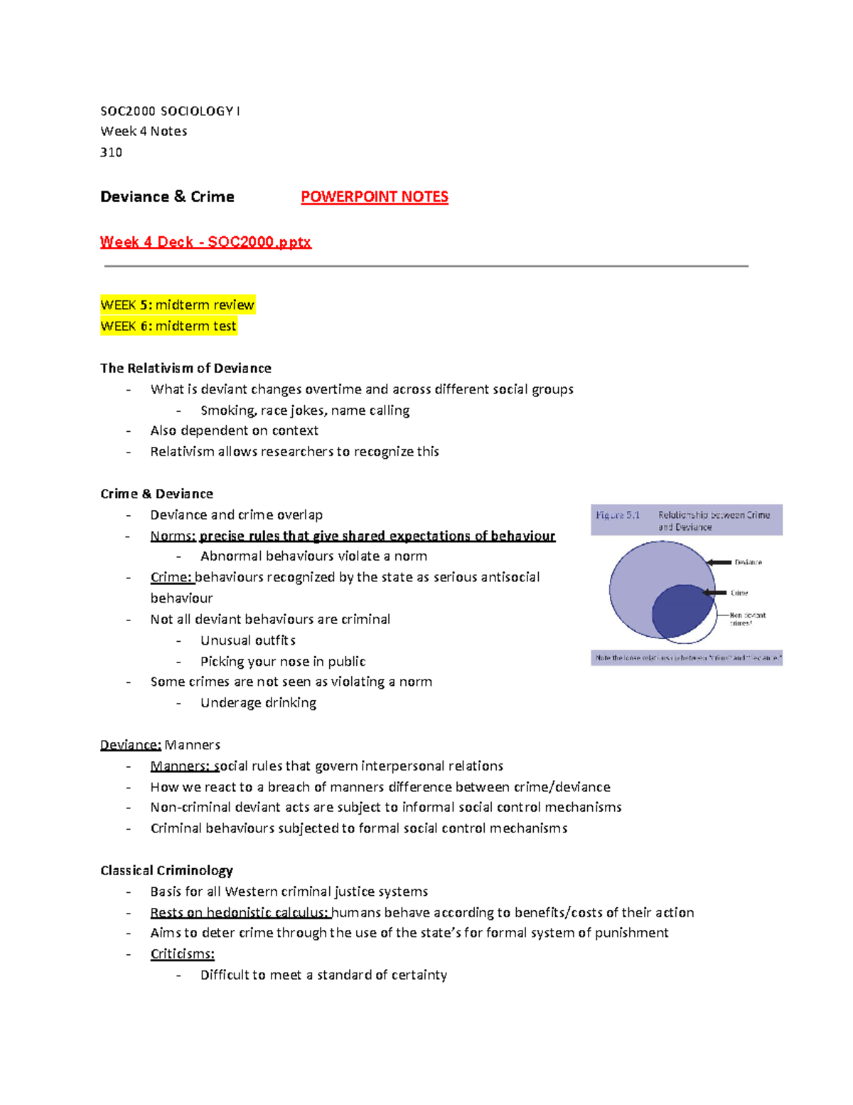 W4 Notes - SOC2000 SOCIOLOGY I Week 4 Notes 310 Deviance & Crime ...