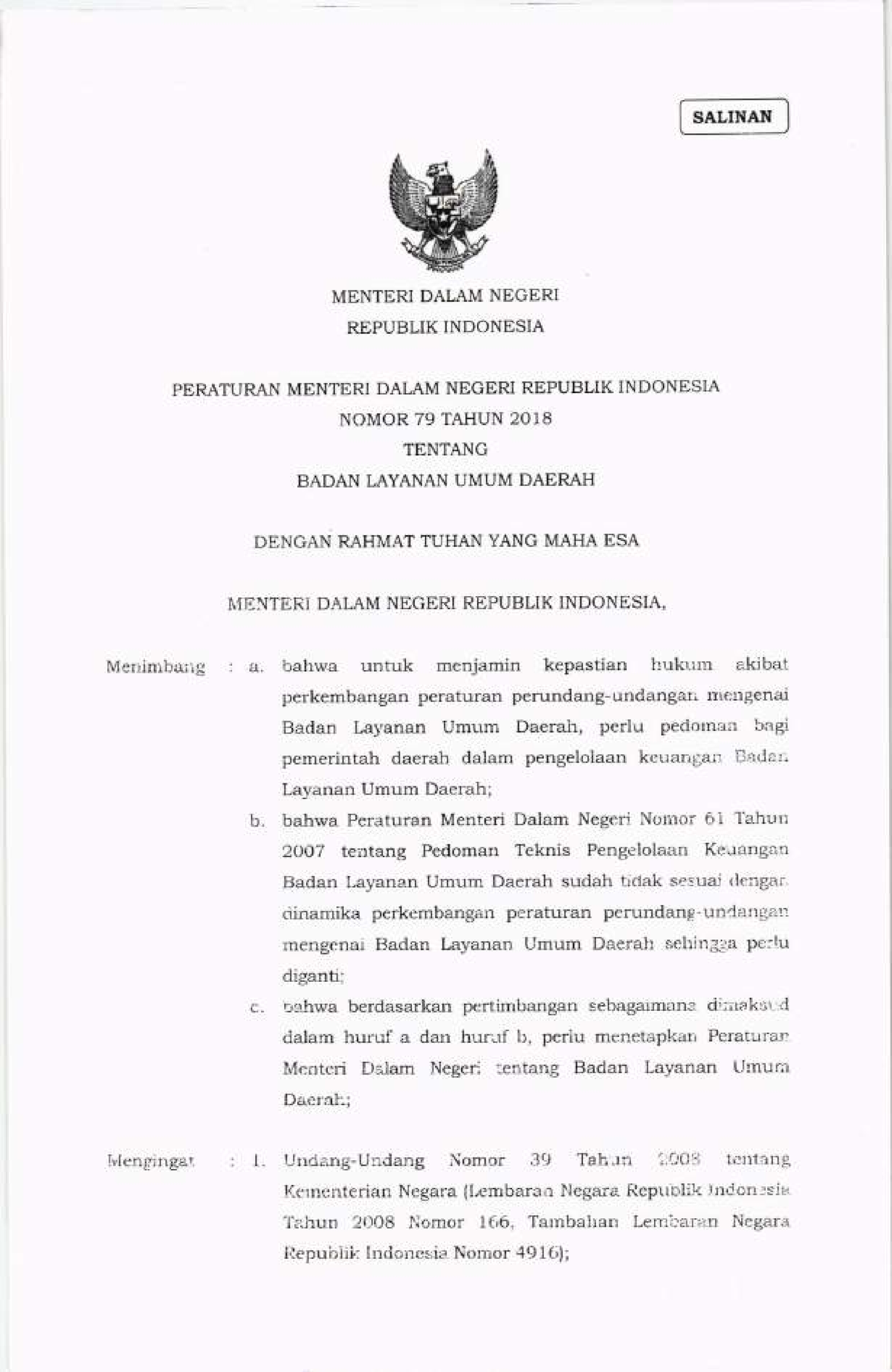 Permendagri Nomor 79 Tahun 2018 Tentang BLUD - MENTERI DALAM NEGERI ...