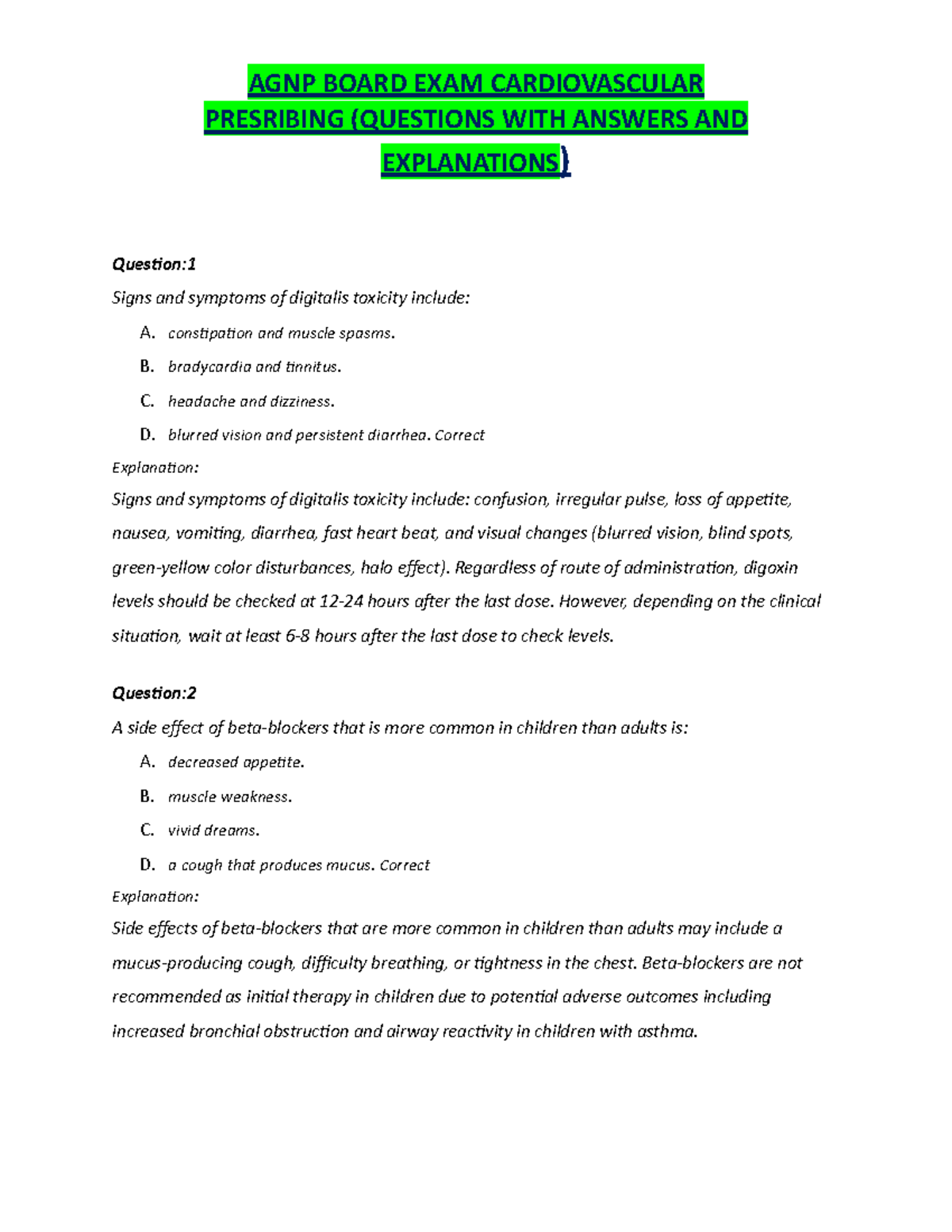 AGNP Board EXAM Questions Cardiovascular Prescribing.docx - PRESRIBING ...