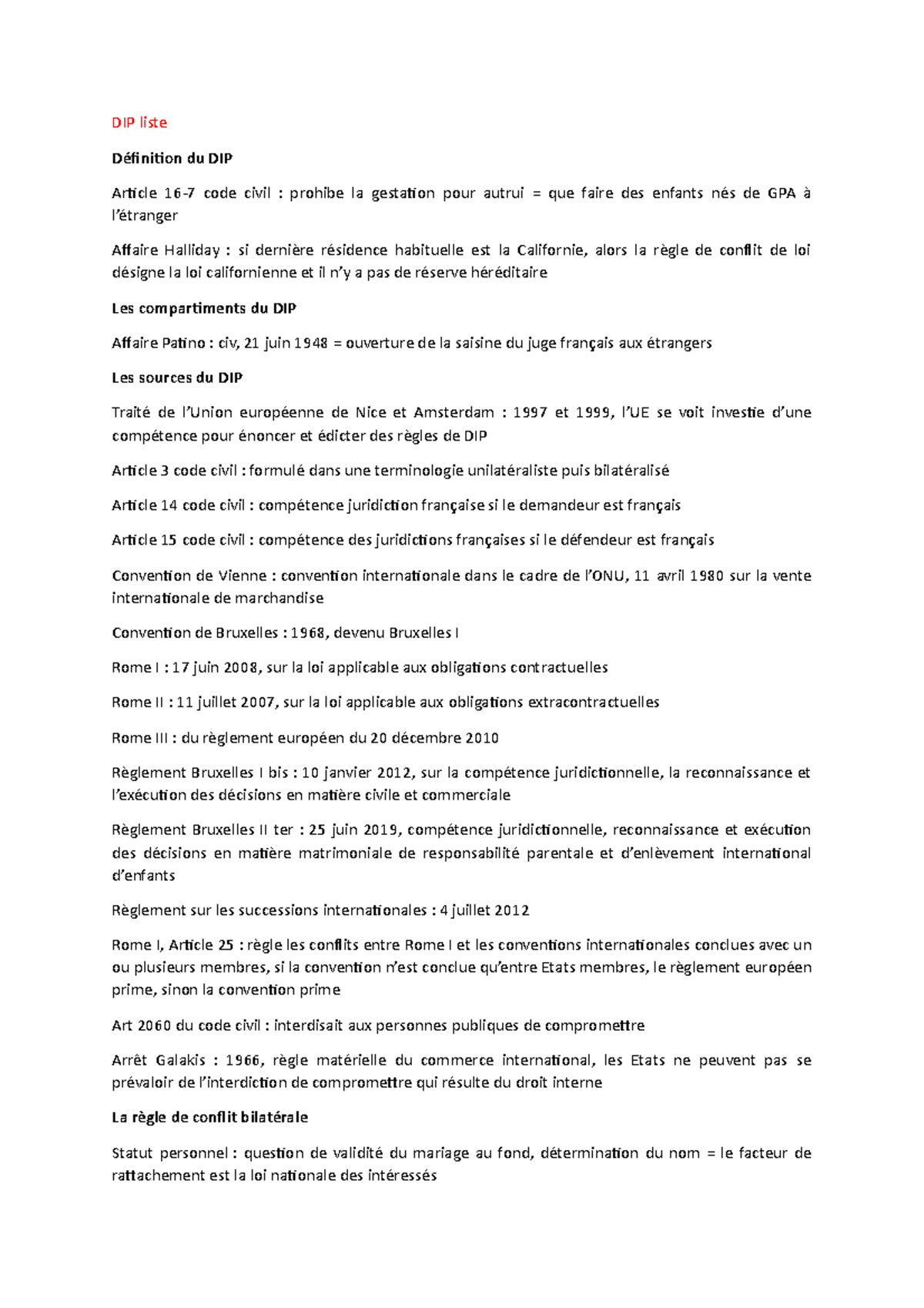 Bases légales et jurisprudences DIP liste Définition du DIP Article