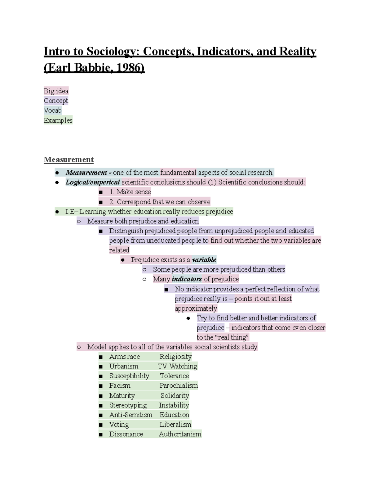 Sociology Concepts, Indicators and Reality Intro to Sociology