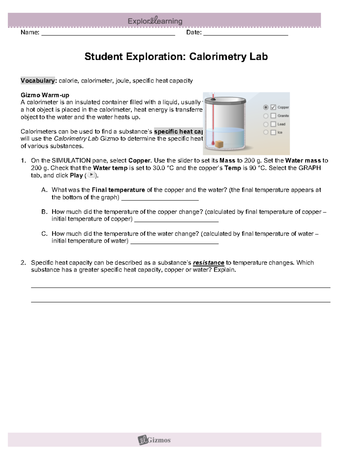 Calorimetry Lab SE All answers Name