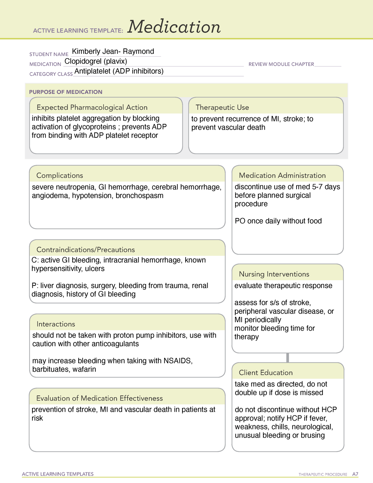 Clopidogrel CV Medication ACTIVE LEARNING TEMPLATES THERAPEUTIC