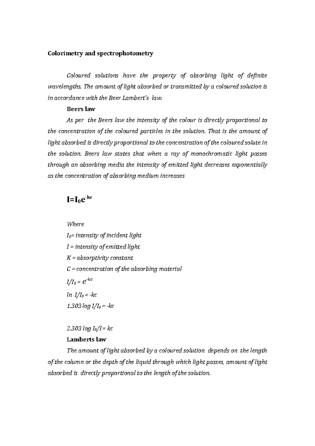 Colorimetry, Spectrophotometry and electrophoresis - Colorimetry and ...