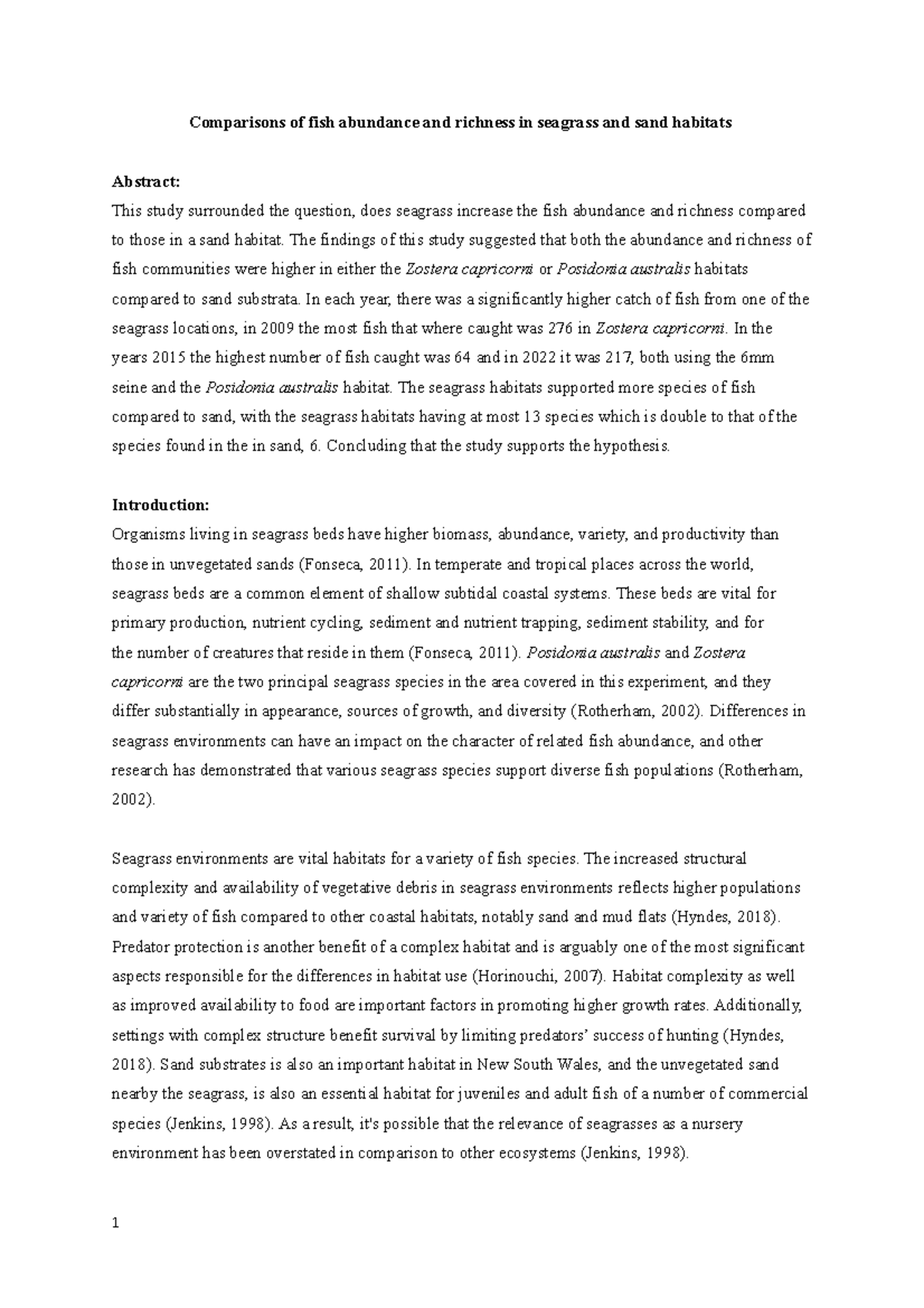 Fisheries Report copy copy - Comparisons of fish abundance and richness ...