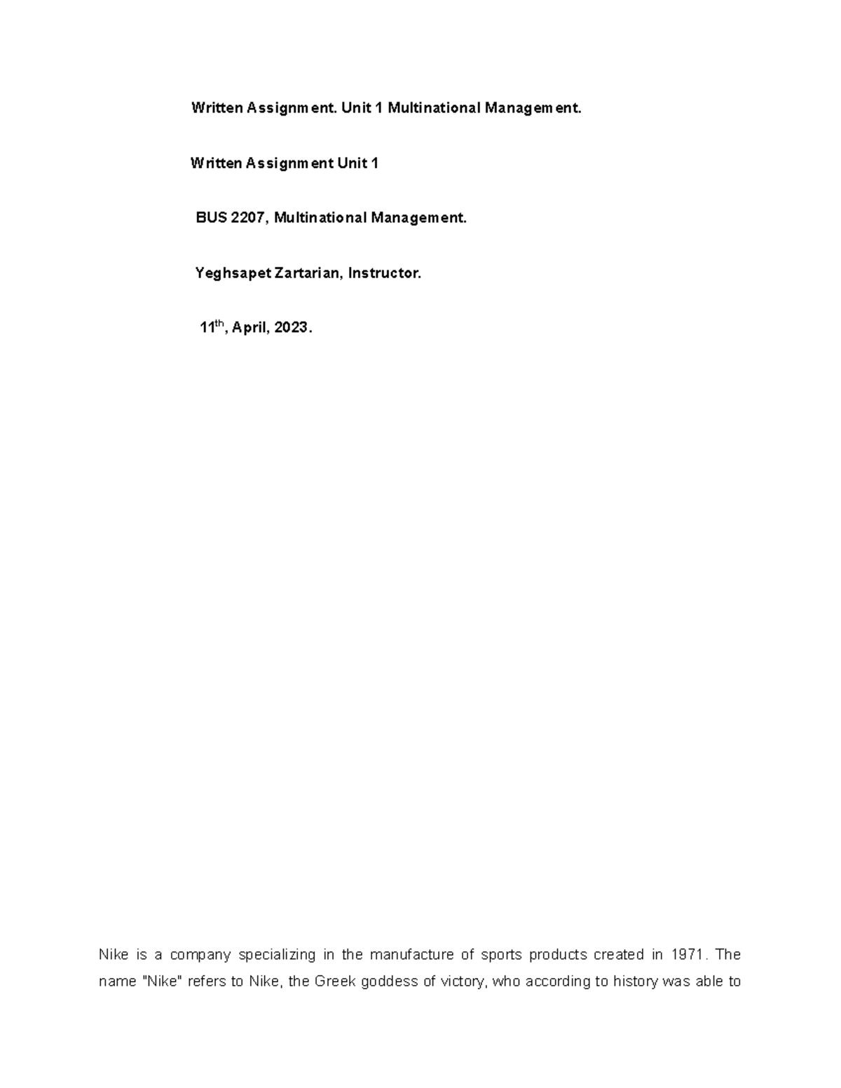 WA.Unit 1 Multinational Management(T4) - Written Assignment. Unit 1 ...