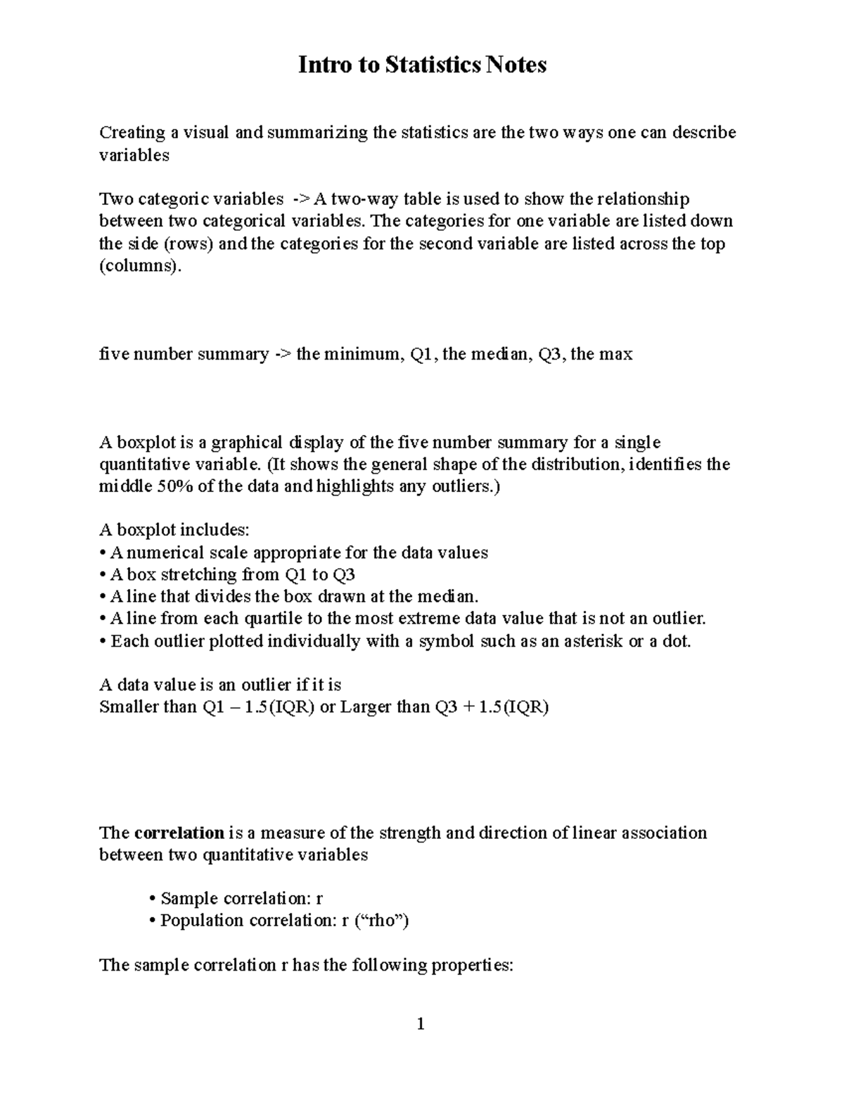 Intro To Statistics Notes Creating A Visual And Summarizing The 