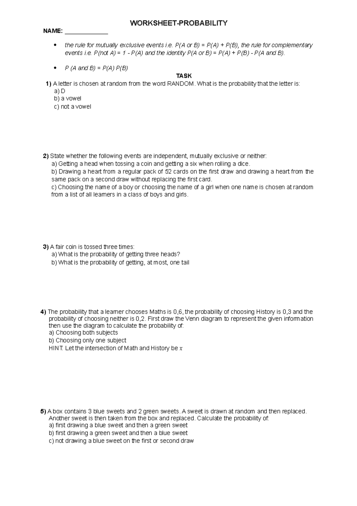 @Worksheet 1-Probability and distribution - WORKSHEET-PROBABILITY NAME ...