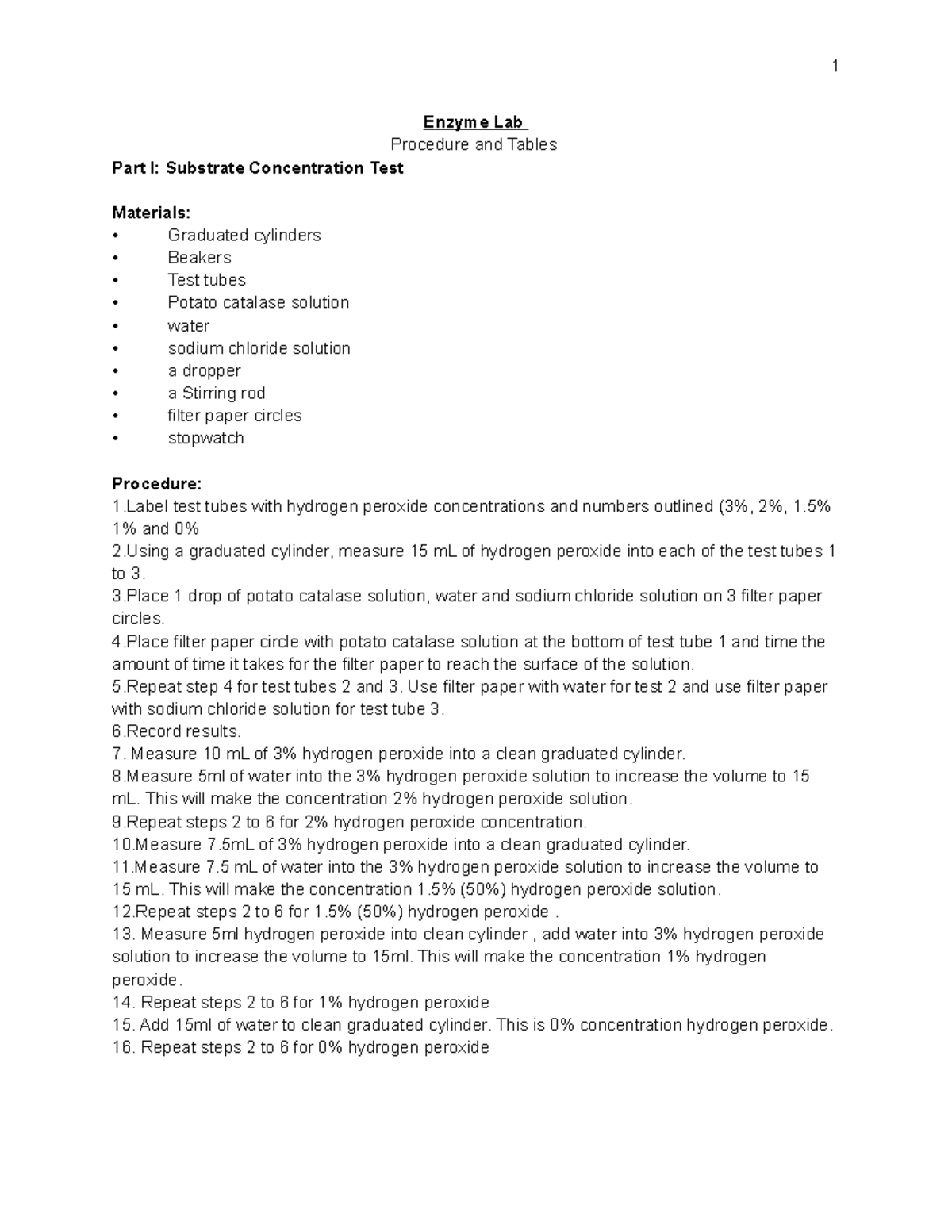 Enzyme Lab procedure and tables Enzyme Lab Procedure and Tables Part