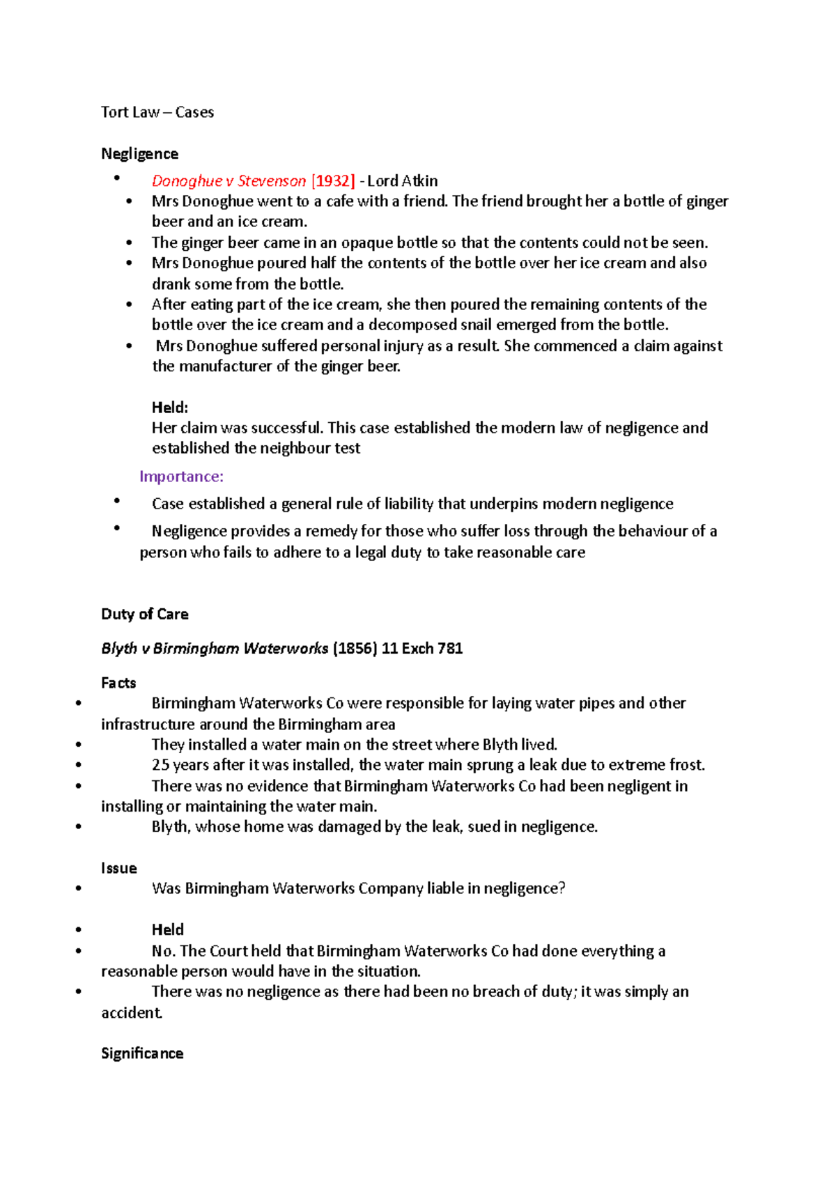 Tort Law cases - Tort Law – Cases Negligence Donoghue v Stevenson [1932 ...