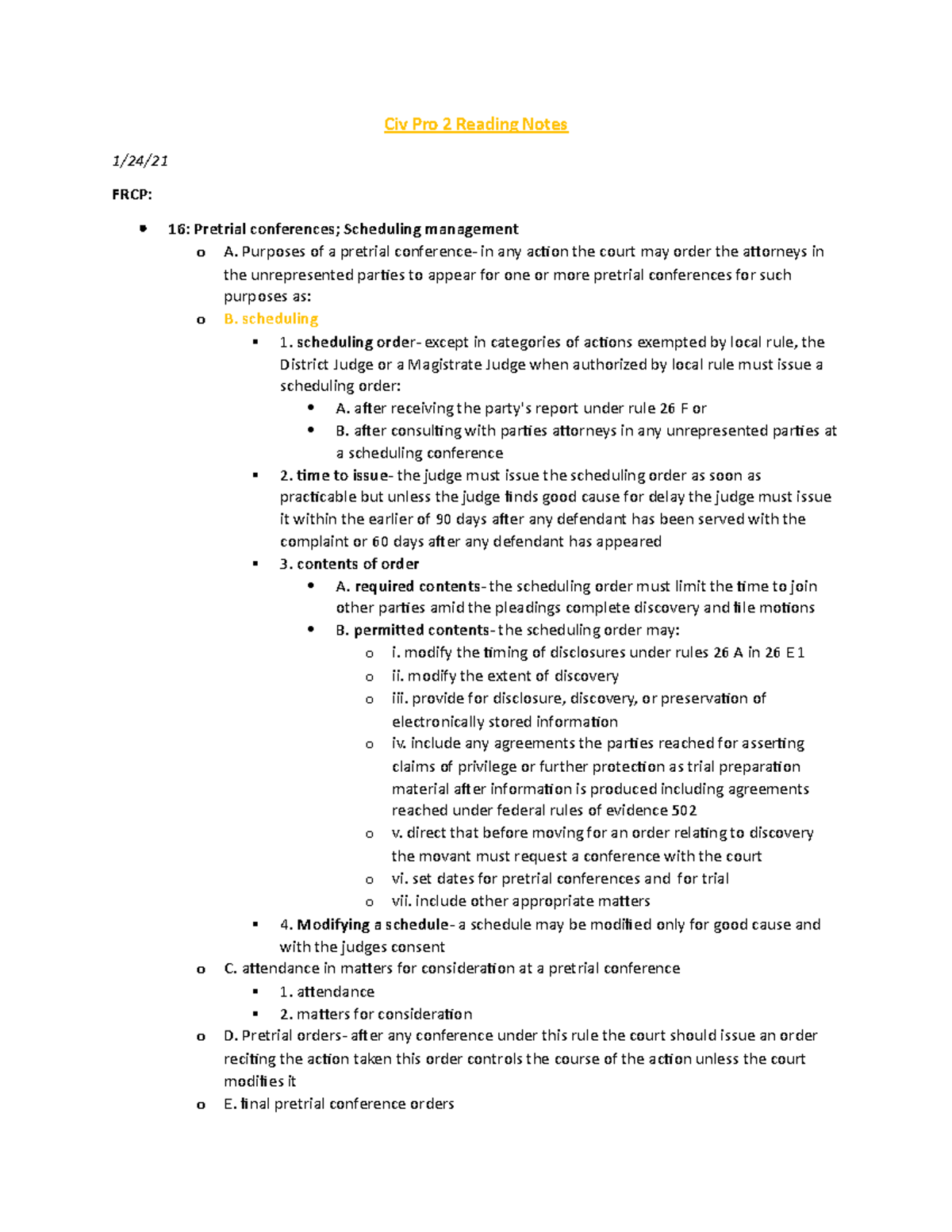 Civ Pro 2-Reading Notes - Civ Pro 2 Reading Notes 1/24/ FRCP: 16 ...