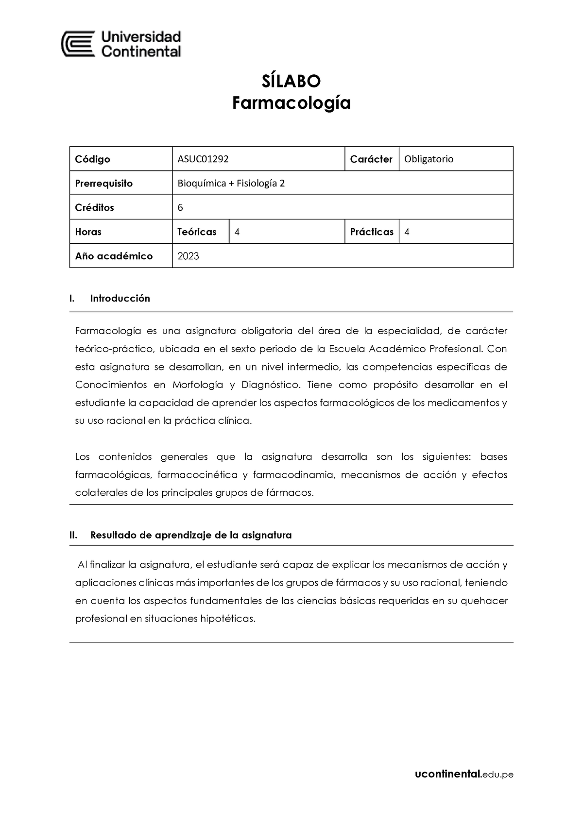 DO FCS 502 SI ASUC01292 2023 - SÍLABO Farmacología Código ASUC01292 ...