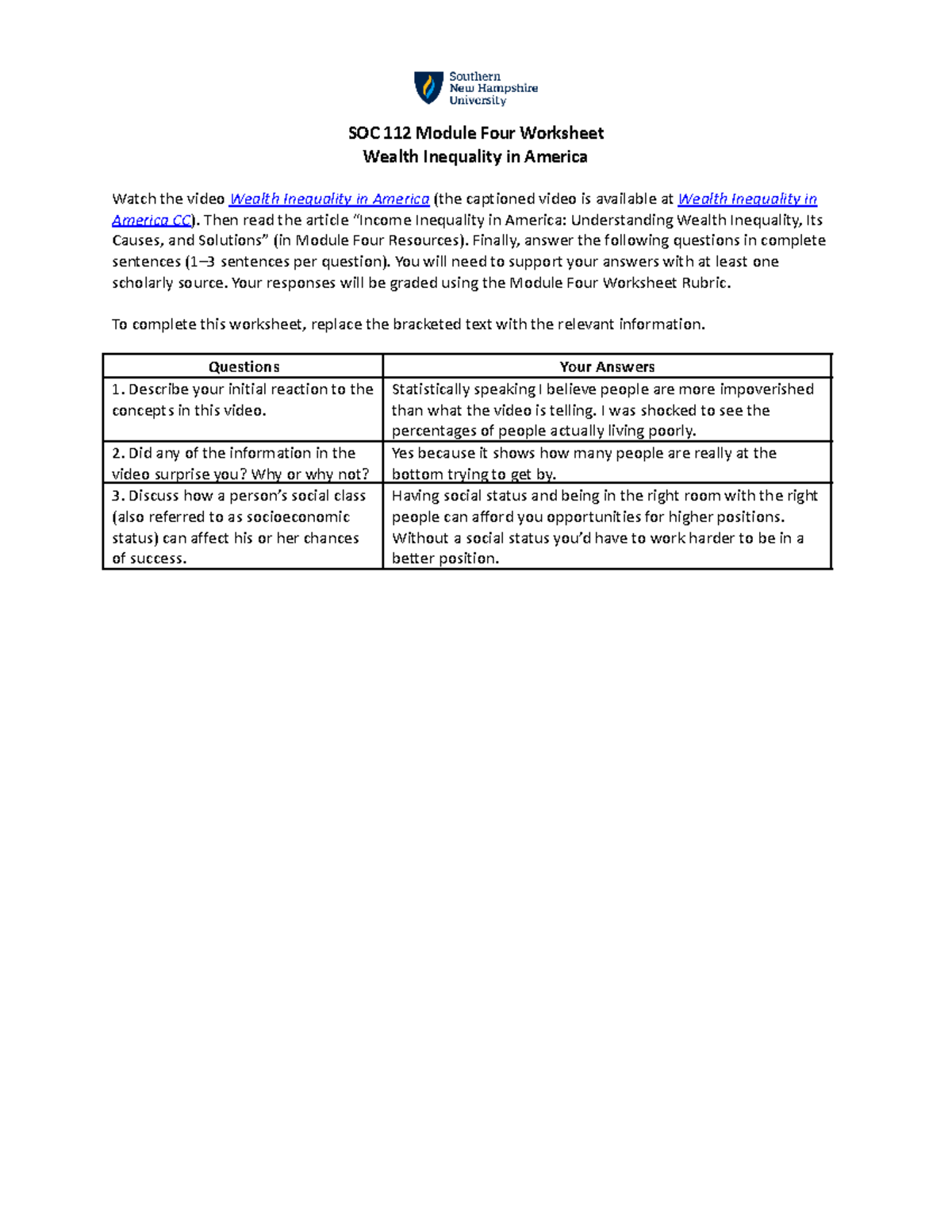 SOC 112 Module Four Worksheet - SOC 112 Module Four Worksheet Wealth ...