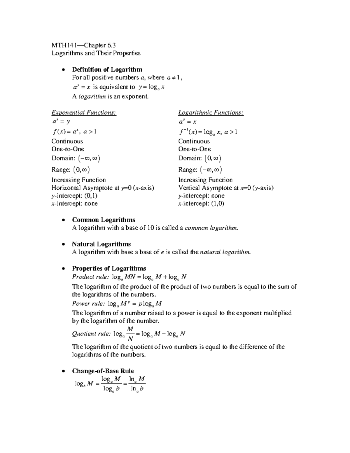 MTH141 6.3 Notes - Logarithms and Their Properties - MTH141—Chapter 6 ...