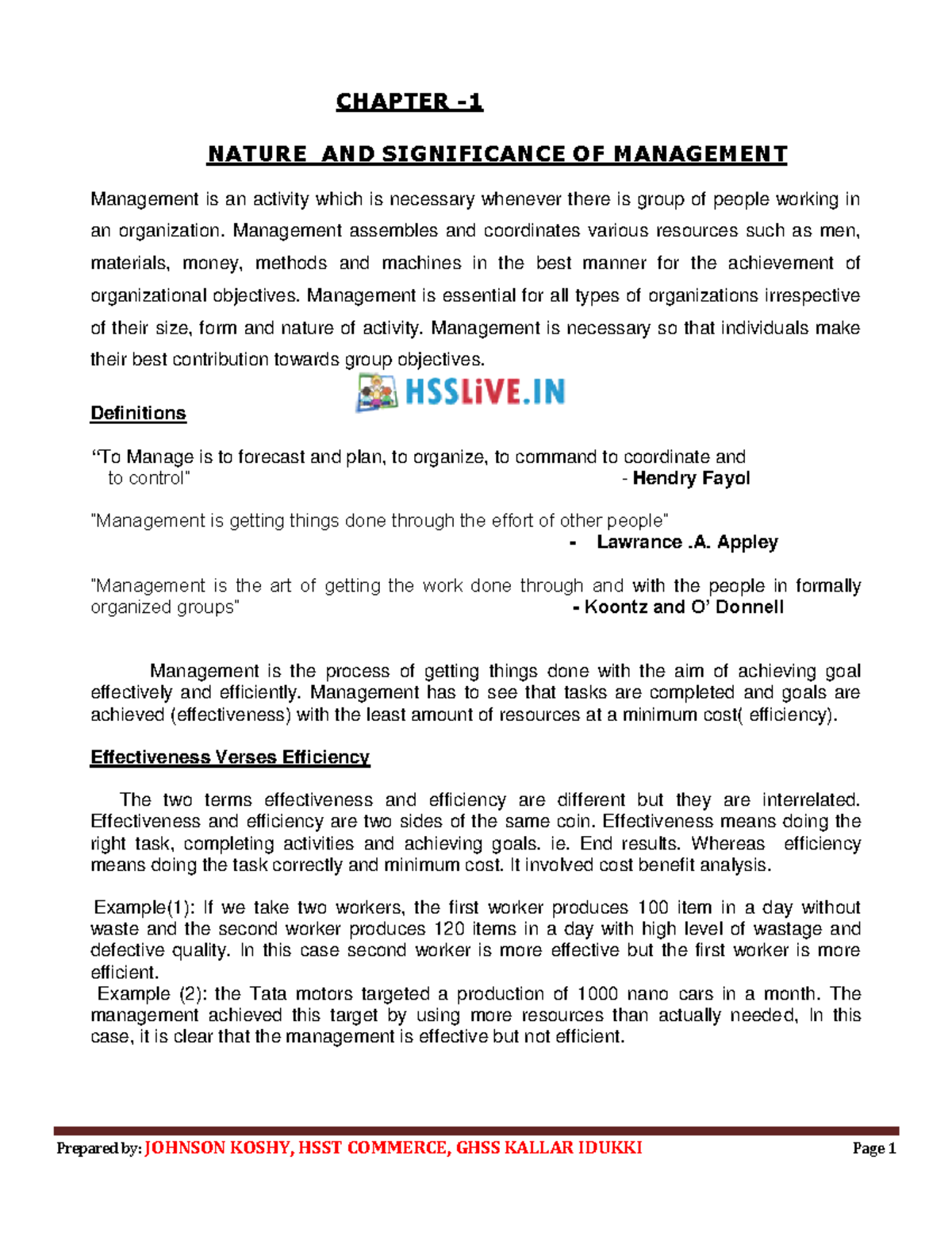 Hsslive-XII - BS Chapter 1 -Nature and significance of management ...