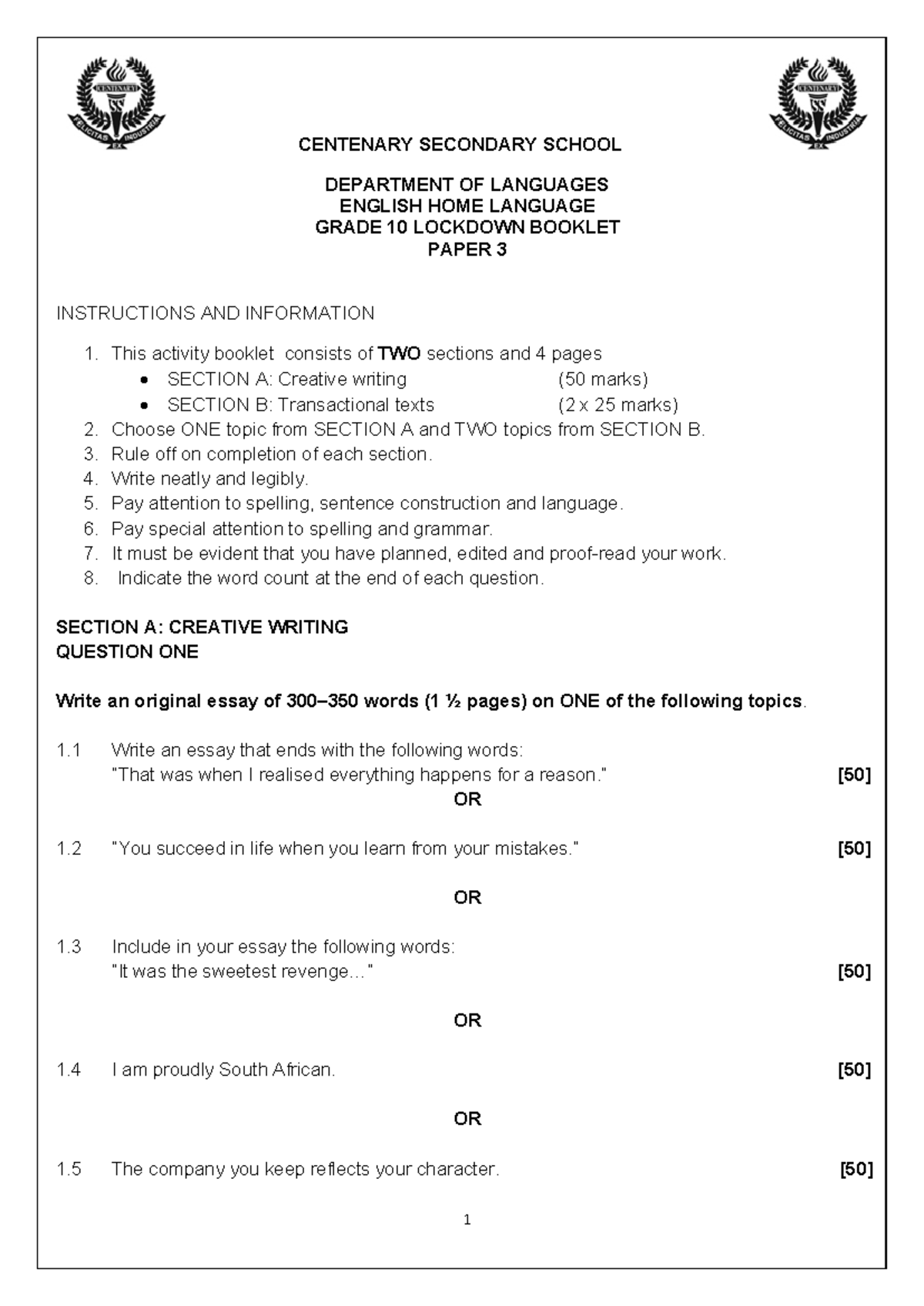 English Home Language Gr 10 Paper 3 Lockdown Booklet CENTENARY
