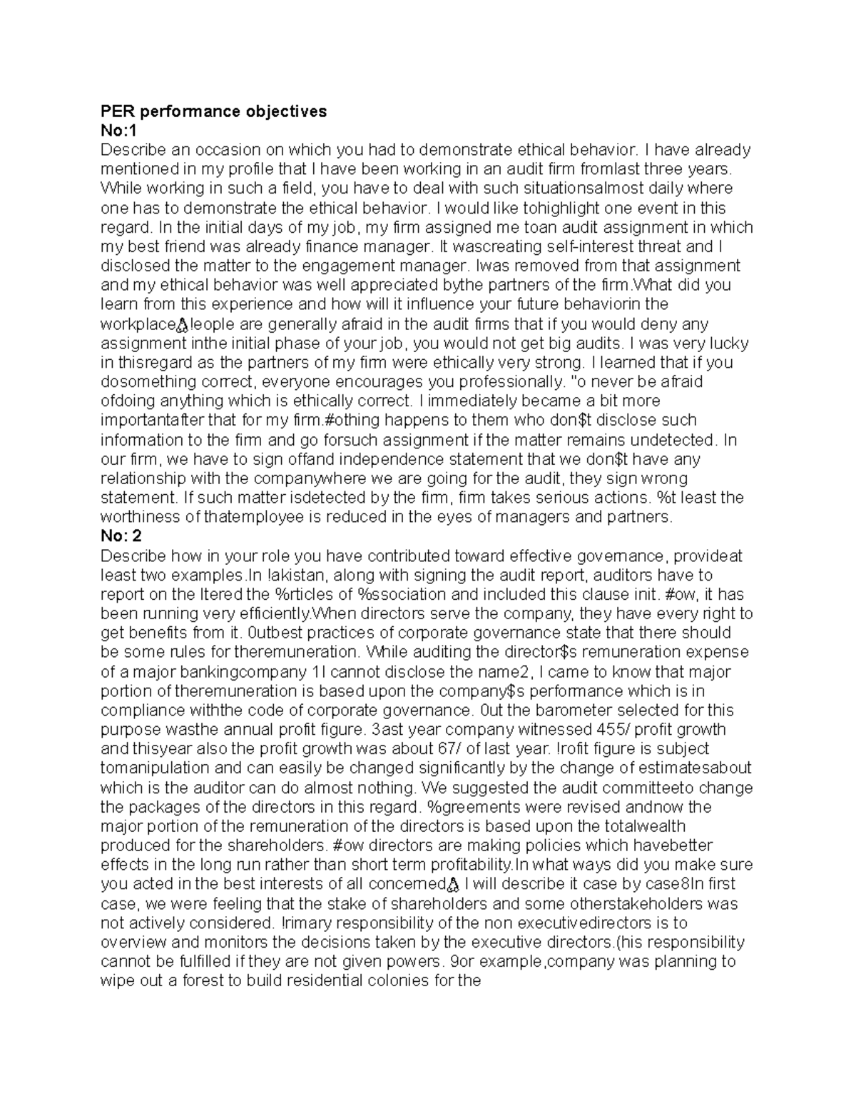 PER performance objectives - PER performance objectives No: Describe an ...