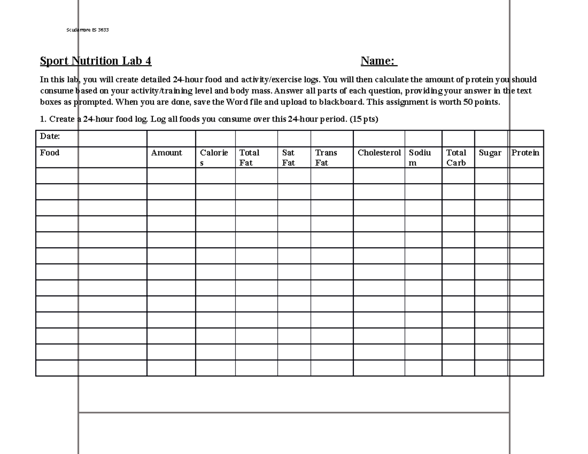 Lab 4 Protein - Kinesiology assignment - Sport Nutrition Lab 4 Name: In ...