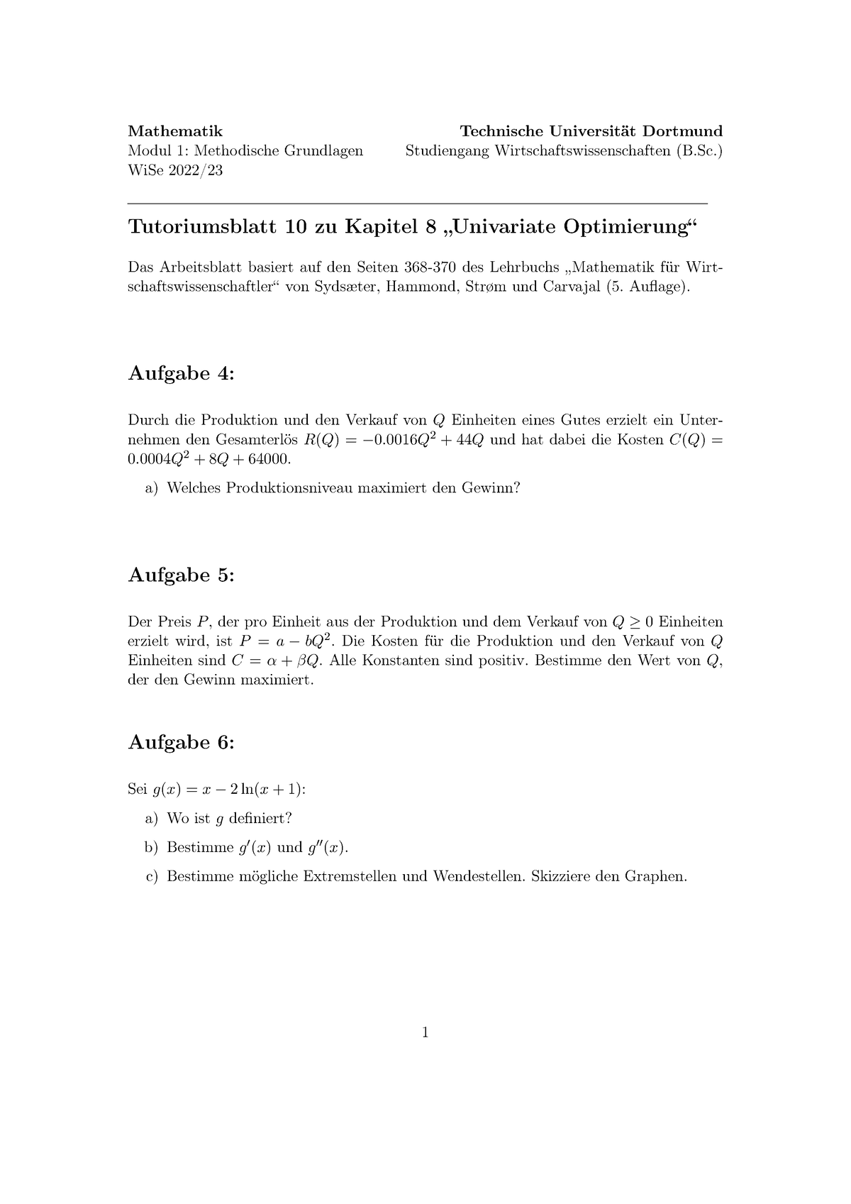 Tutorium 10 Mathematik Für Wirtschaftswissenschaftler - Mathematik ...