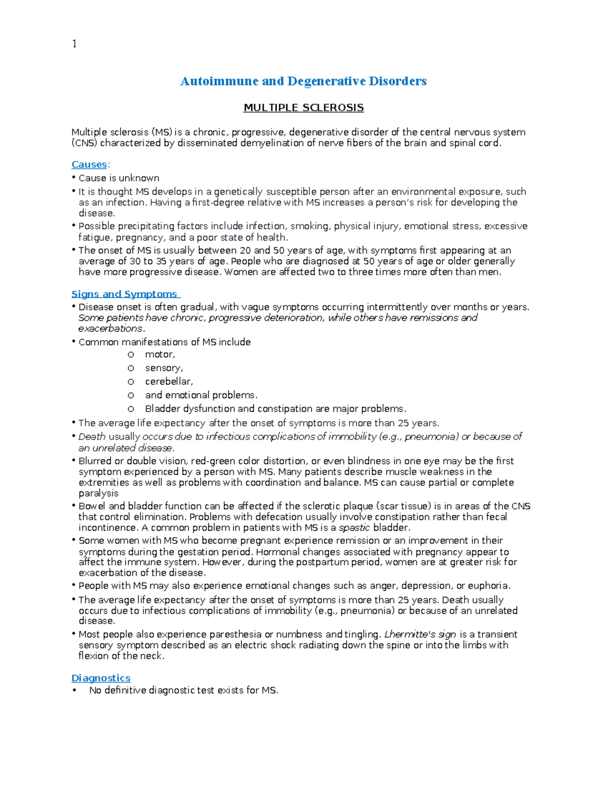 Class Notes Autoimmune - Autoimmune and Degenerative Disorders MULTIPLE ...